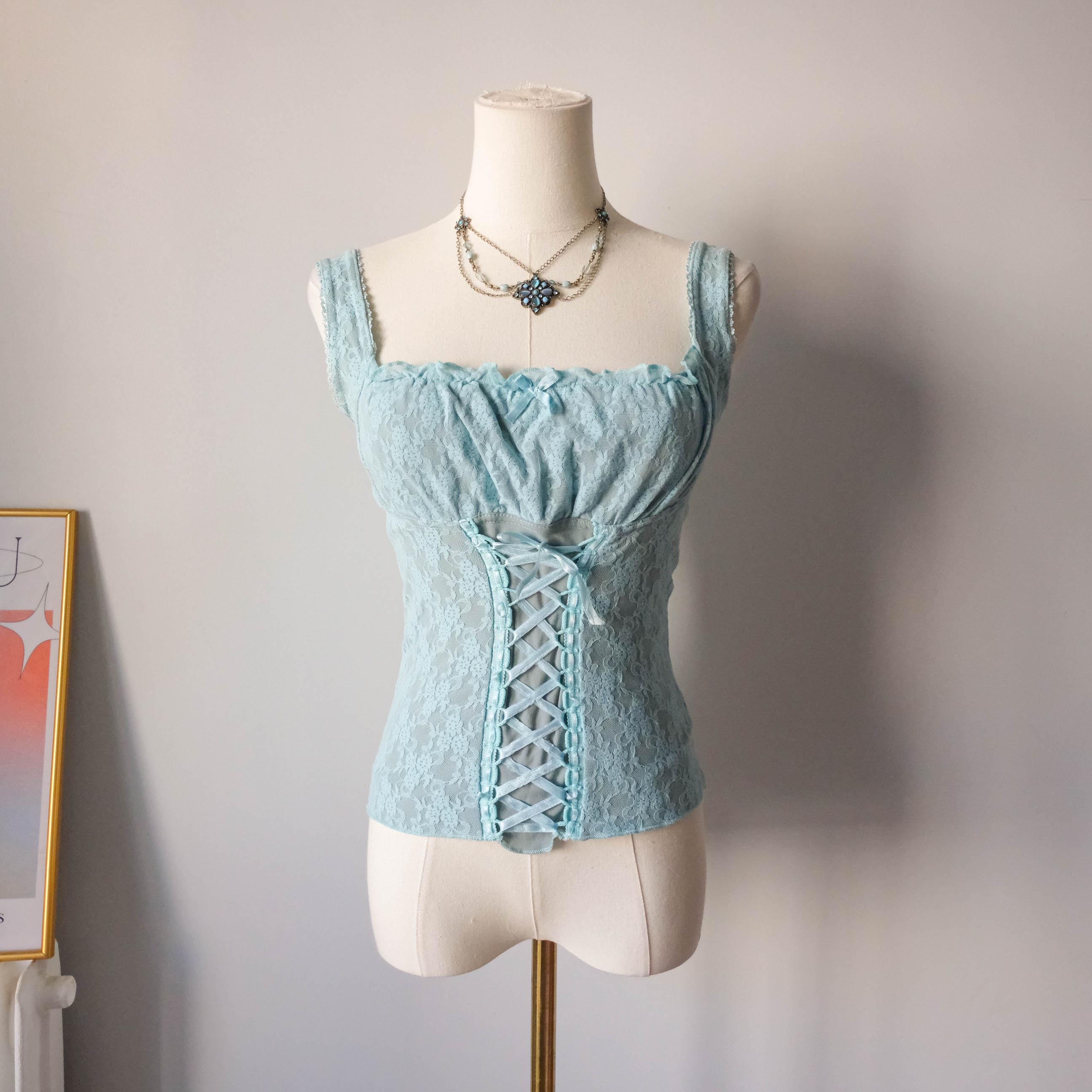 3 SUISSES Vintage French Delicate Bustier Lace Top - Turquoise