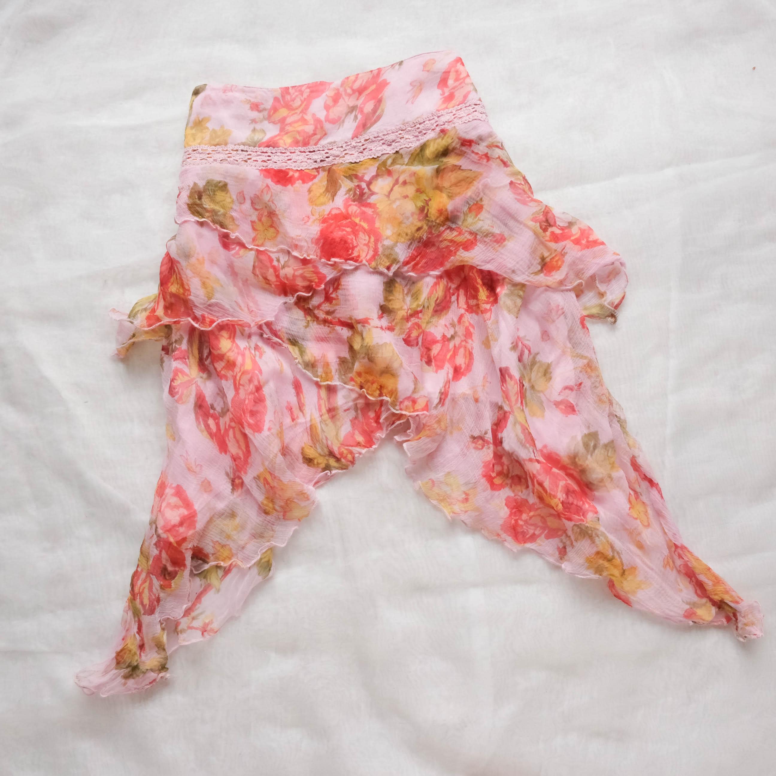 Vintage Italian Chiffon Asymmetrical Floral Mini Skirt