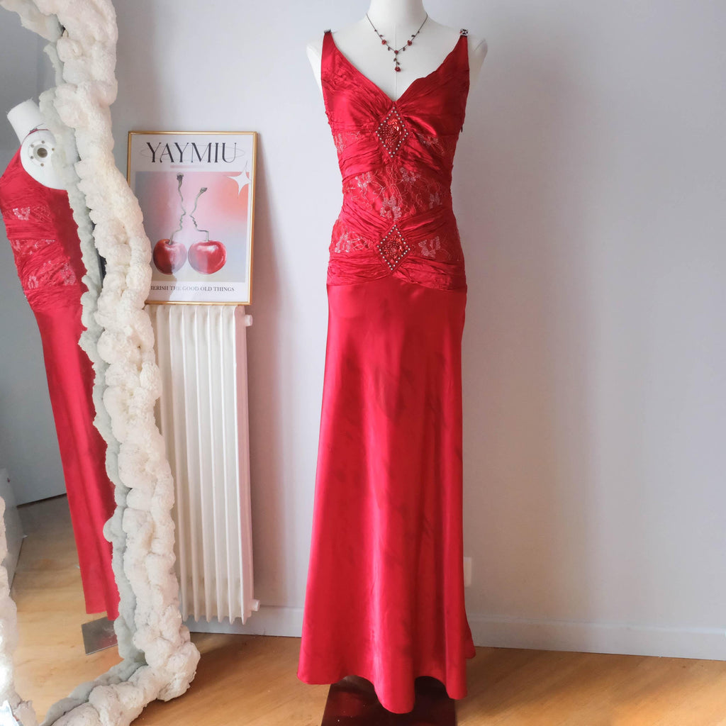 Vintage Party Glam Elegant Chic Beaded Gown Red Valentine Dream Gown