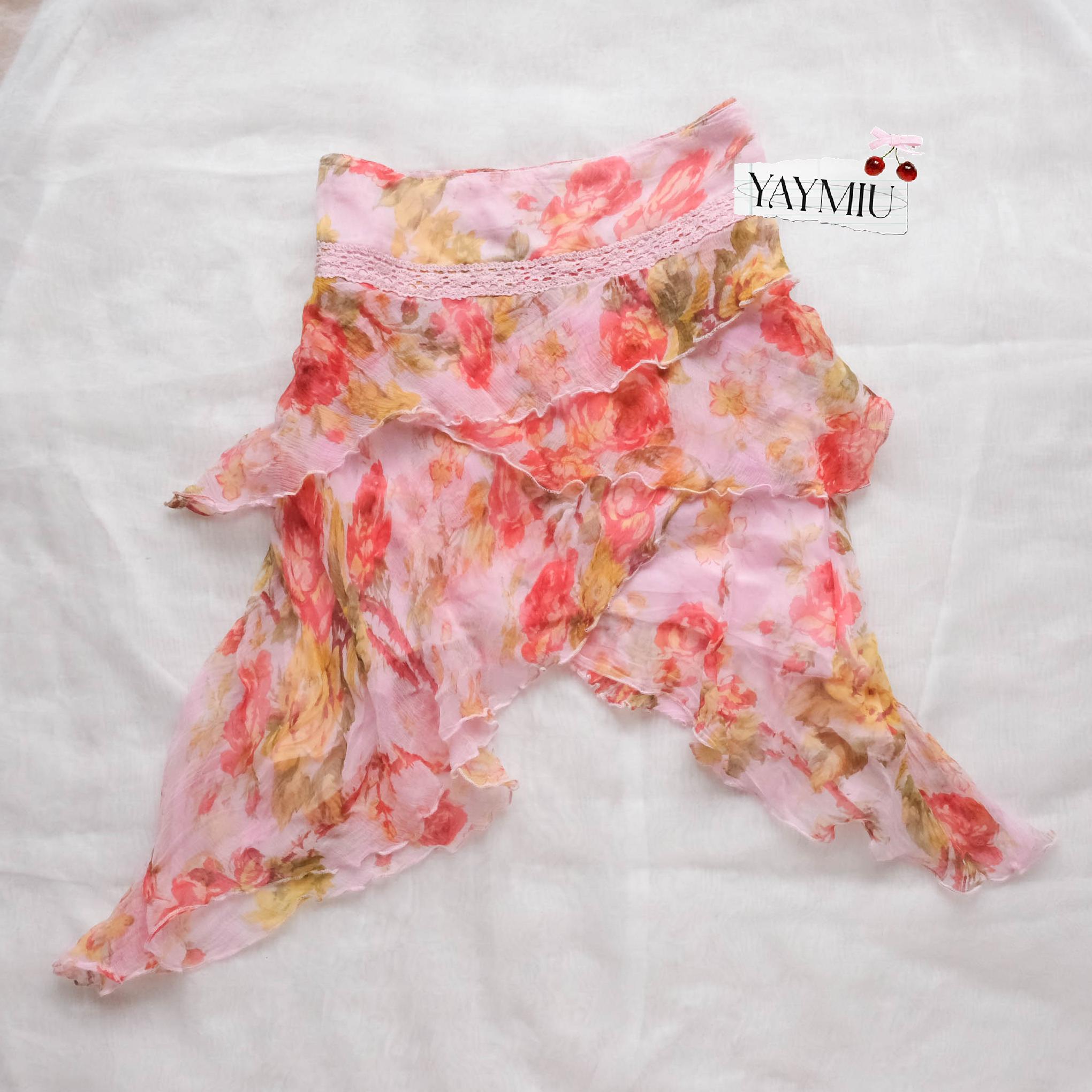 Vintage Italian Chiffon Asymmetrical Floral Mini Skirt