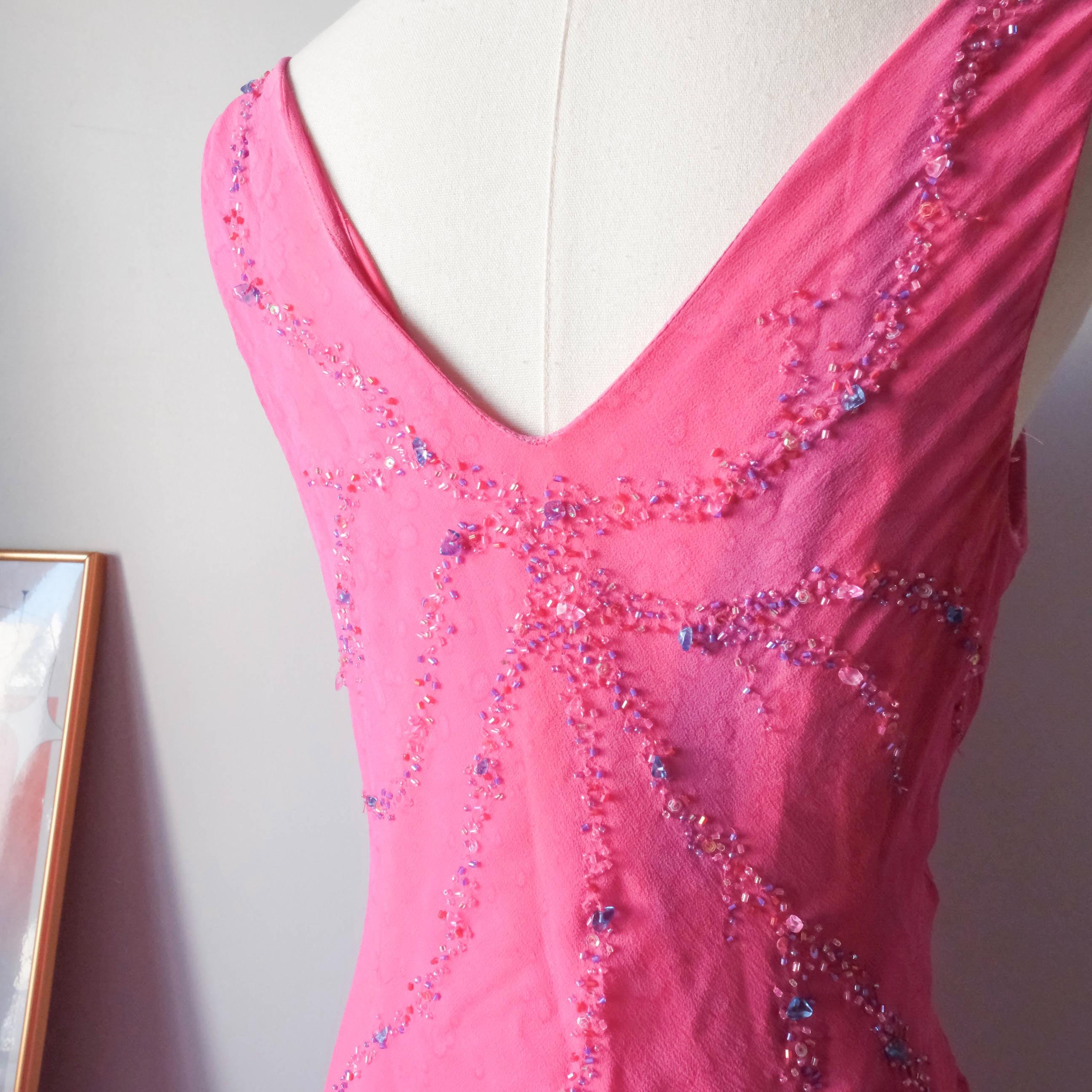 Vintage Beaded Water-Print Ruffle Gown Dress