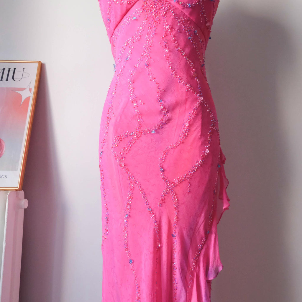 Vintage Beaded Water-Print Ruffle Gown Dress