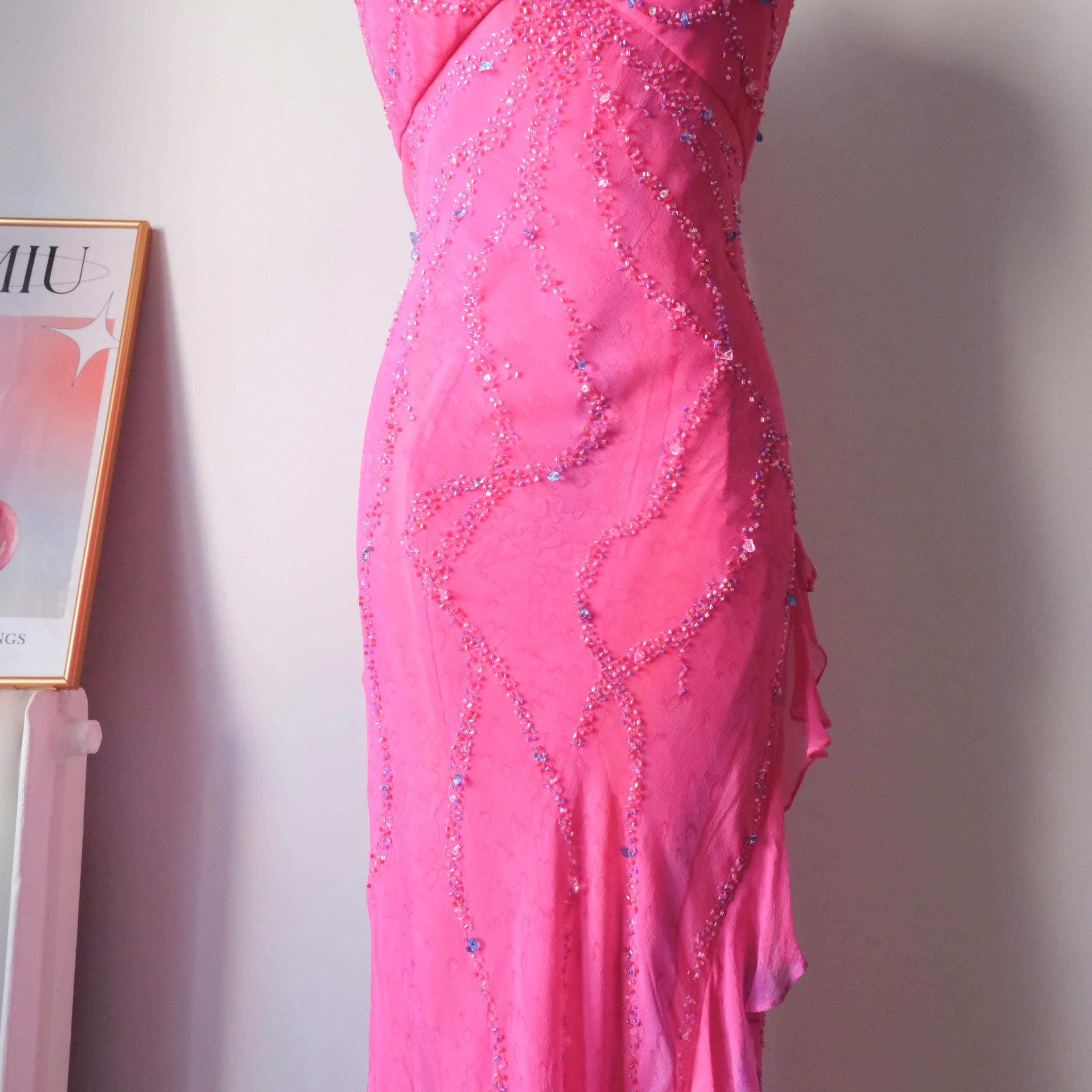 Vintage Beaded Water-Print Ruffle Gown Dress