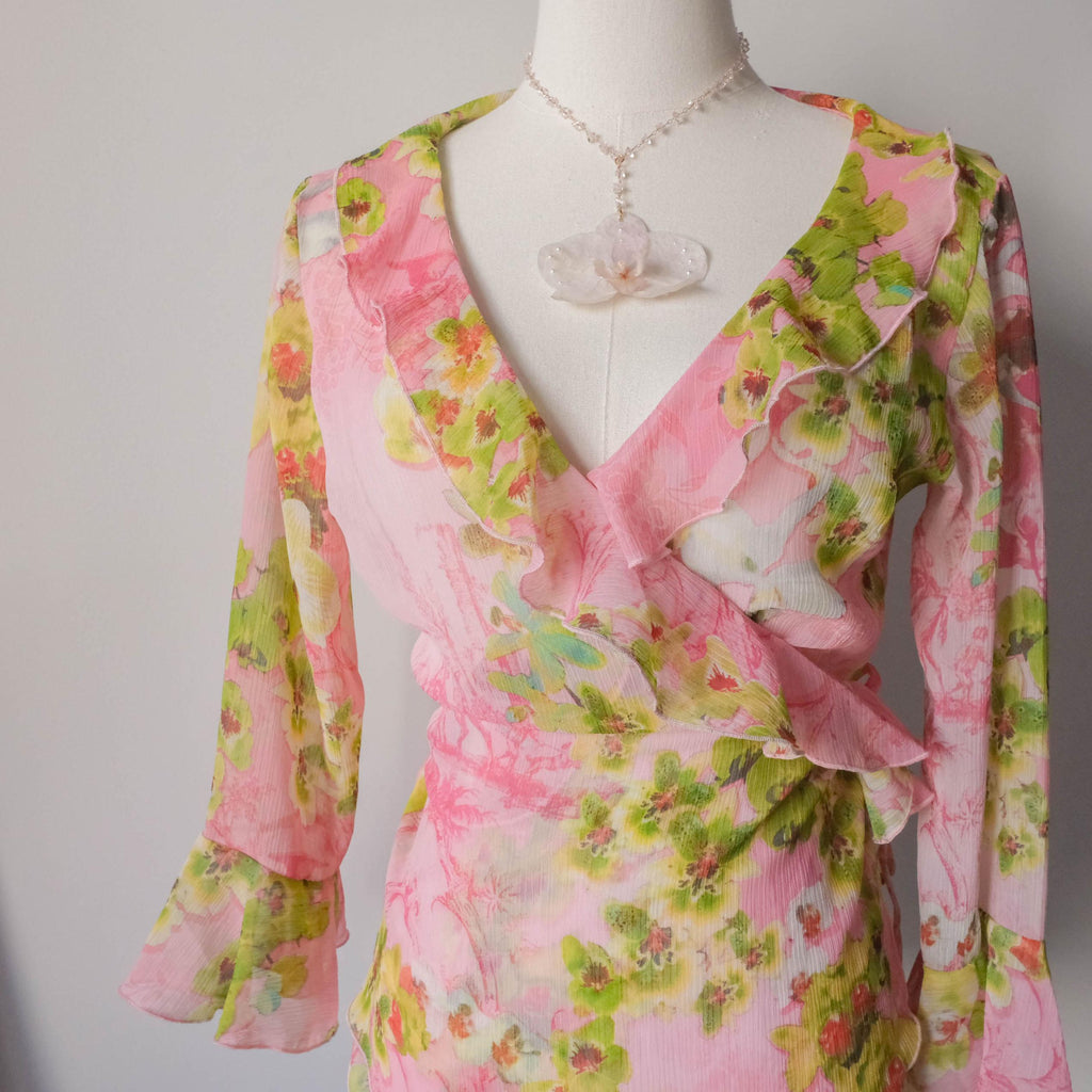 Vintage Y2K Tropical Vibe Wrapped Ruffled Blouse