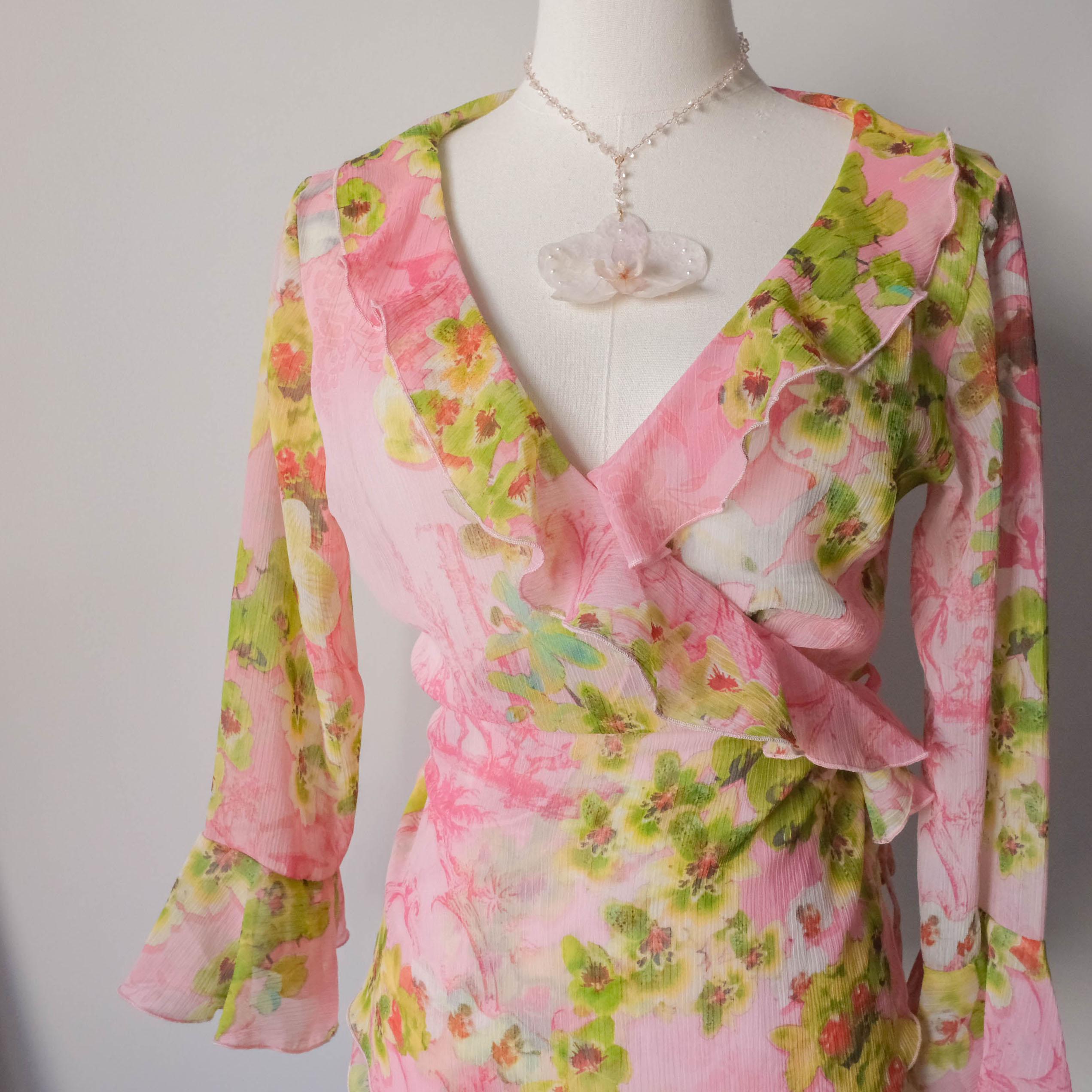 Vintage Y2K Tropical Vibe Wrapped Ruffled Blouse