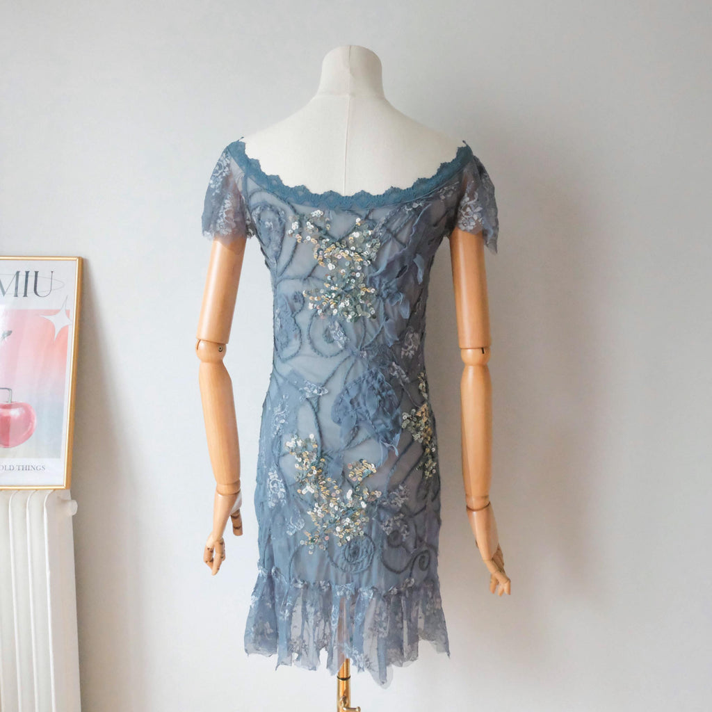 Vintage Embellished Off Shoulder Mini Dress