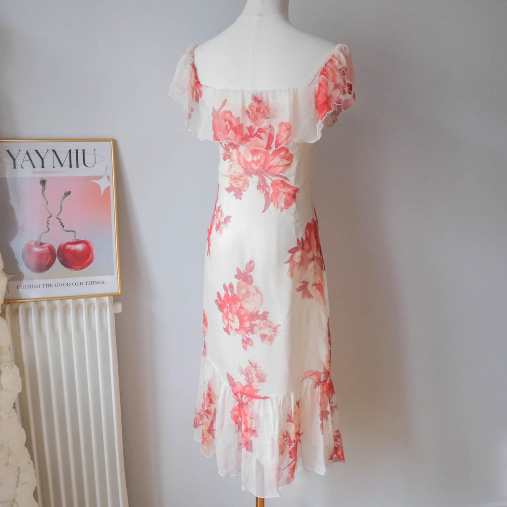 Vintage Cottage Off Shoulder Silk Dress with Ruffle