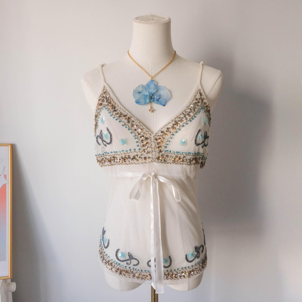 Vintage Y2K Dreamy Fairy Party Festival Rave Beaded Mesh Top