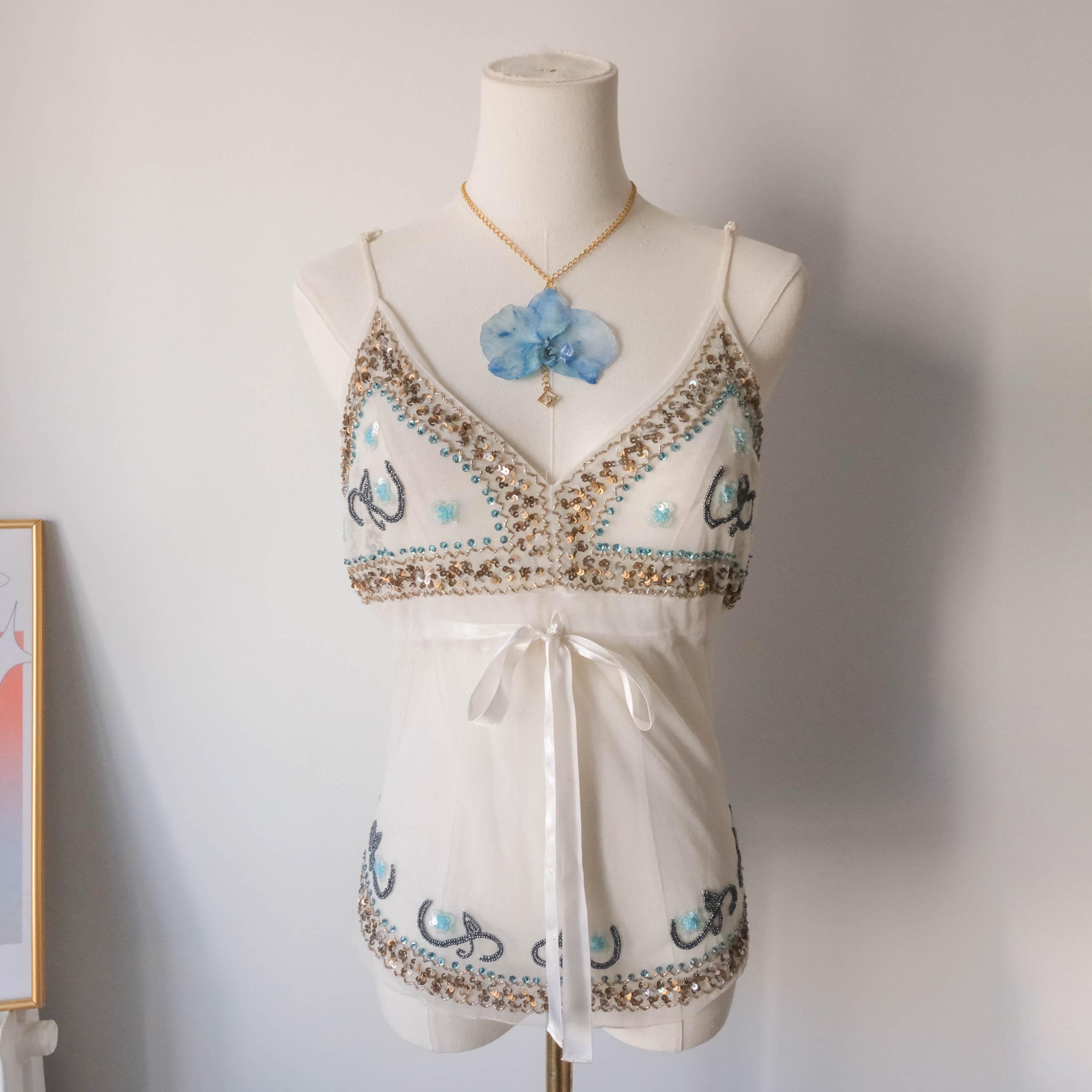 Vintage Y2K Dreamy Fairy Party Festival Rave Beaded Mesh Top