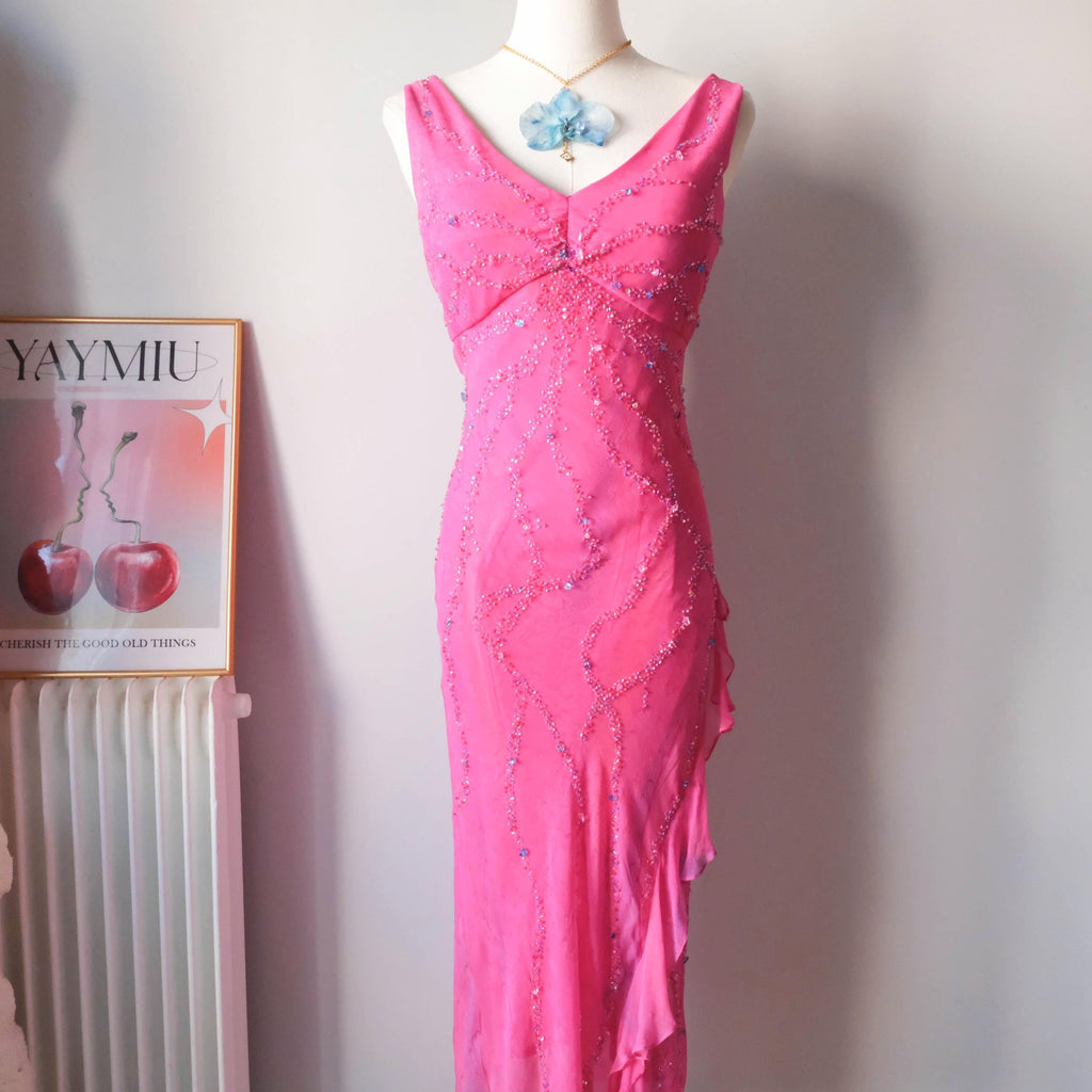 Vintage Beaded Water-Print Ruffle Gown Dress