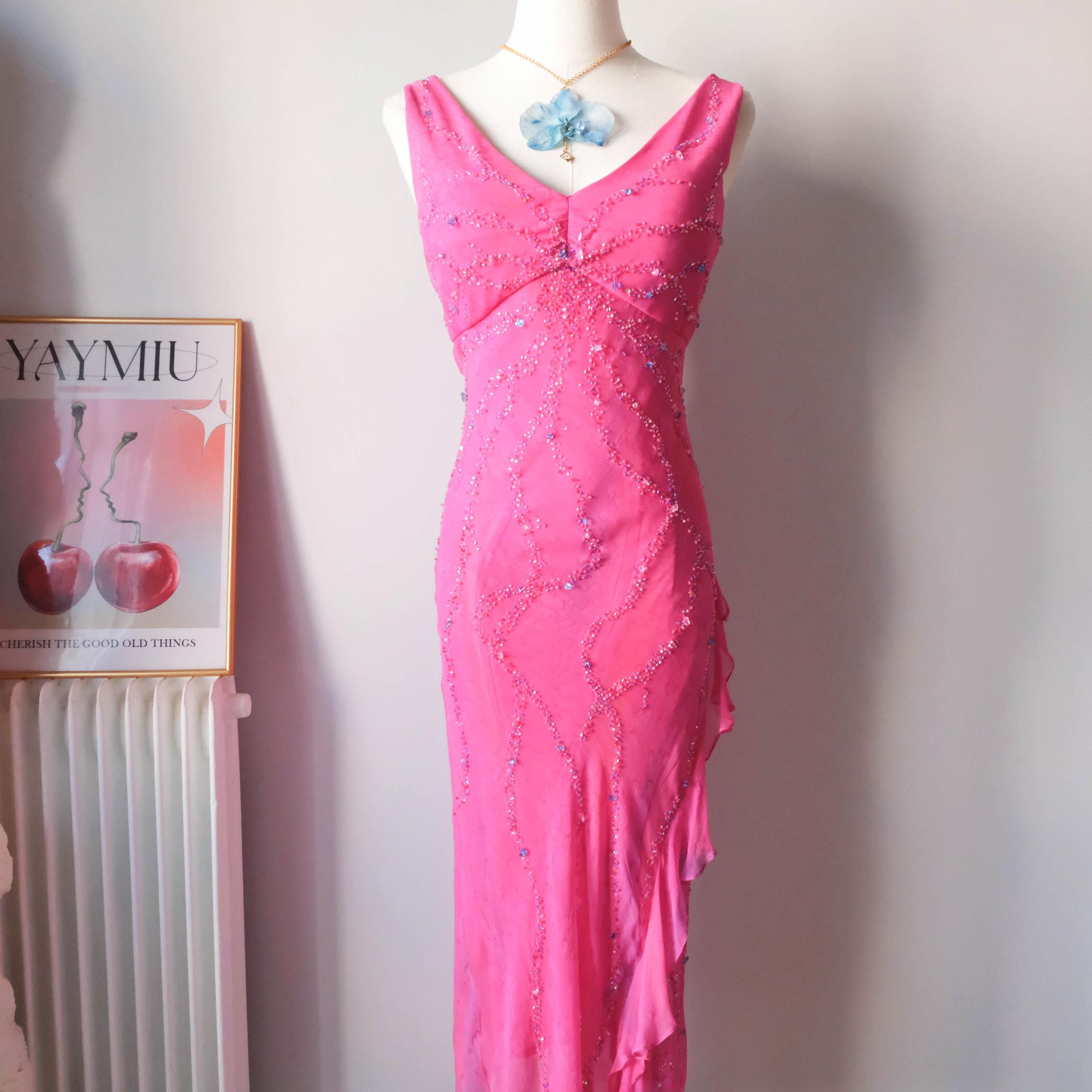 Vintage Beaded Water-Print Ruffle Gown Dress