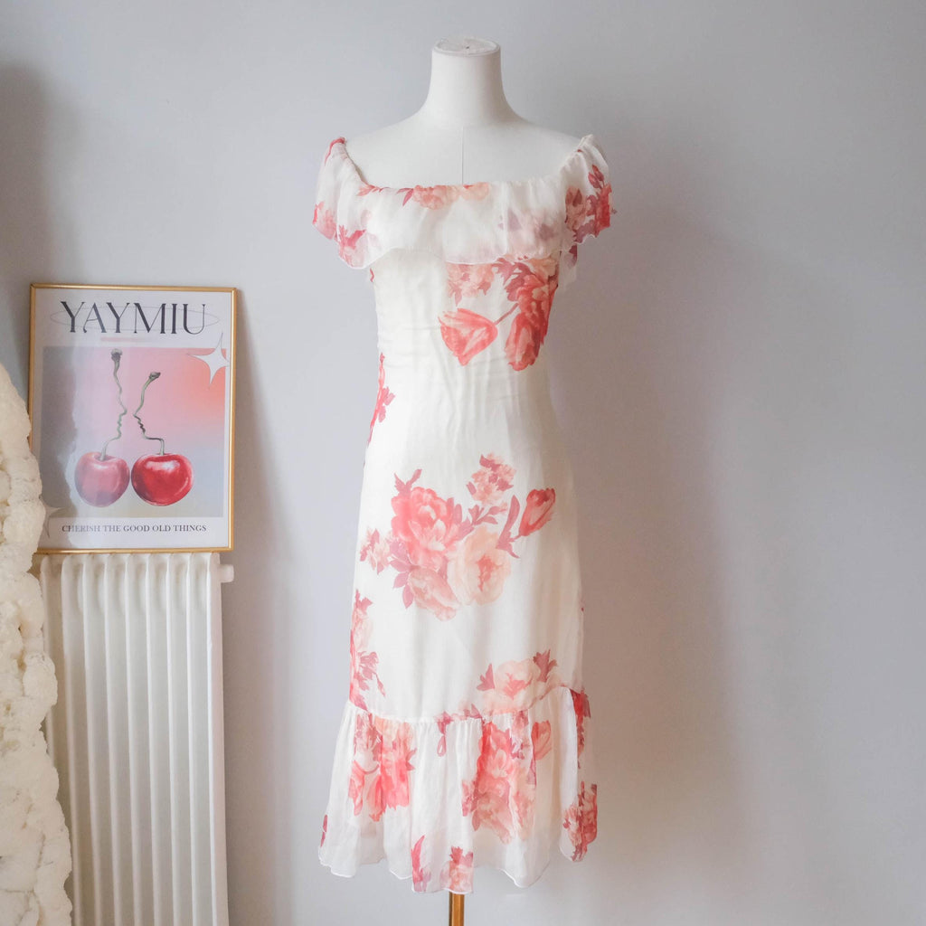 Vintage Cottage Off Shoulder Silk Dress with Ruffle