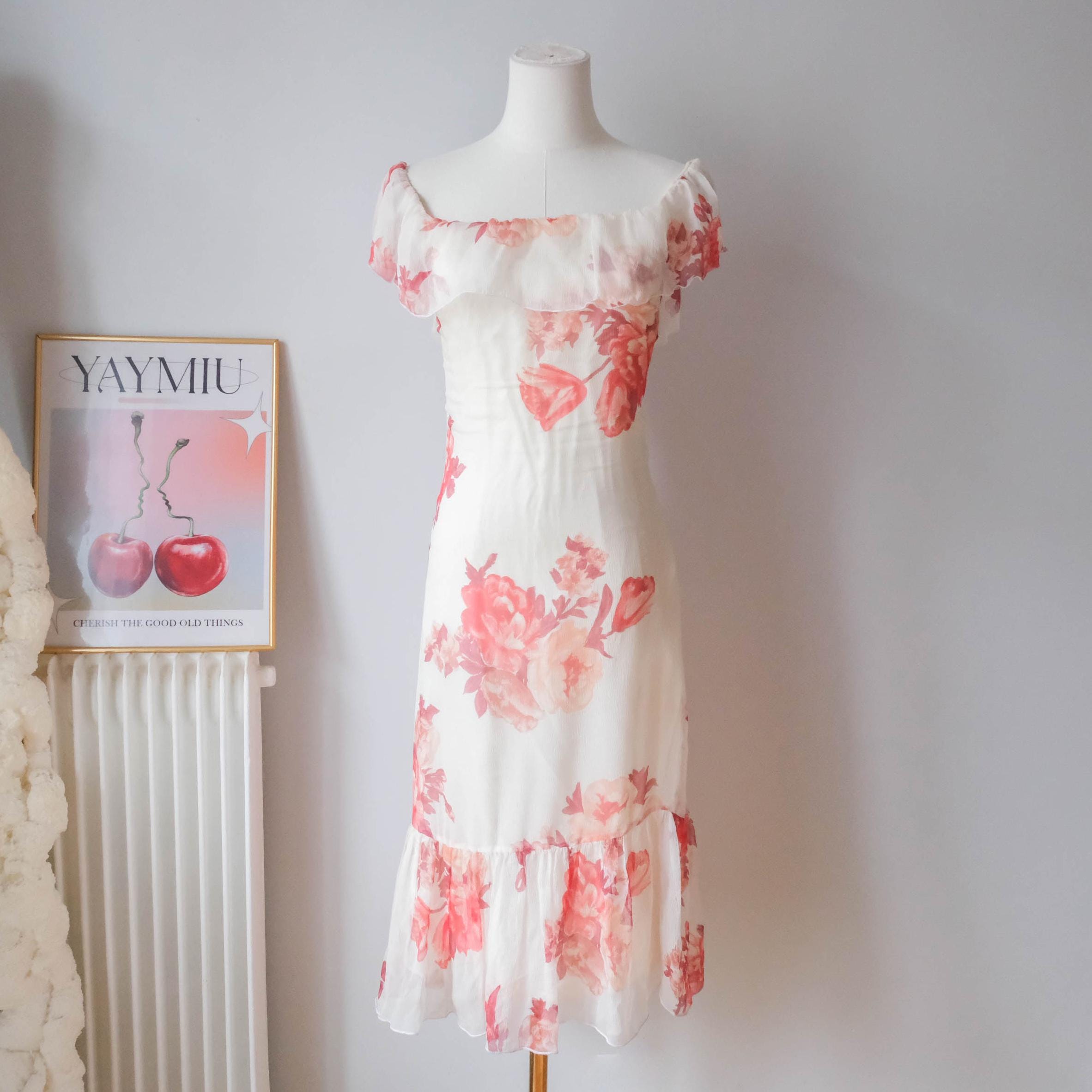 Vintage Cottage Off Shoulder Silk Dress with Ruffle