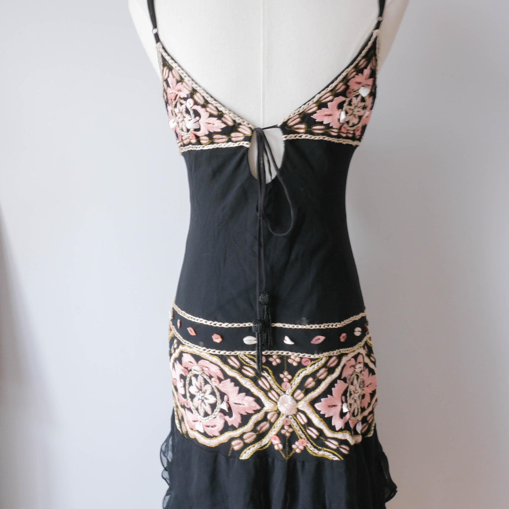 Vintage Black Silk & Seashell Bead Embellished Ruffle Midi Dress Gown
