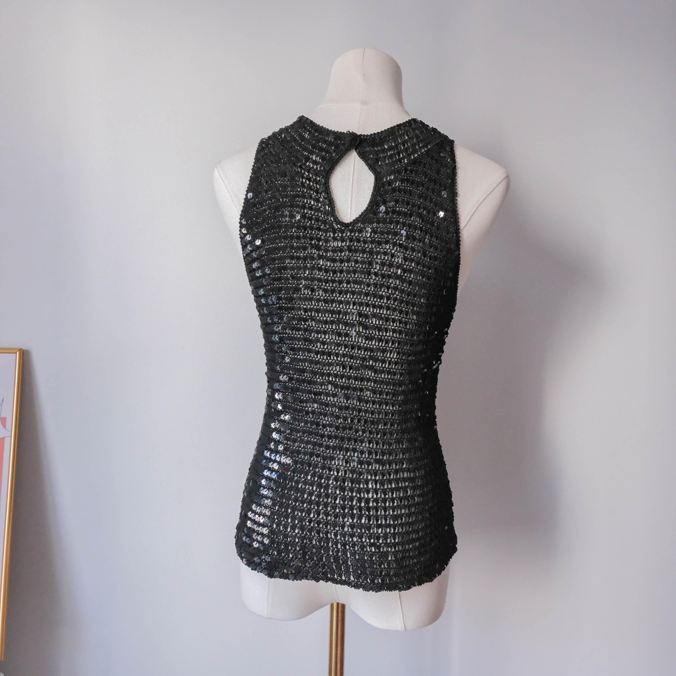 Vintage Rare Beach Ibiza Festival Party Crochet Sequins Tank Top with cut out back