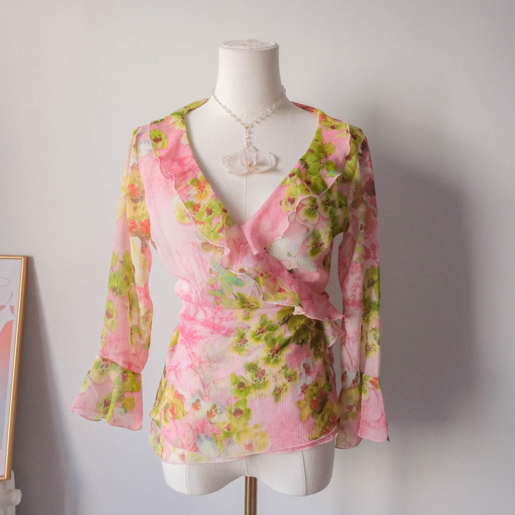Vintage Y2K Tropical Vibe Wrapped Ruffled Blouse