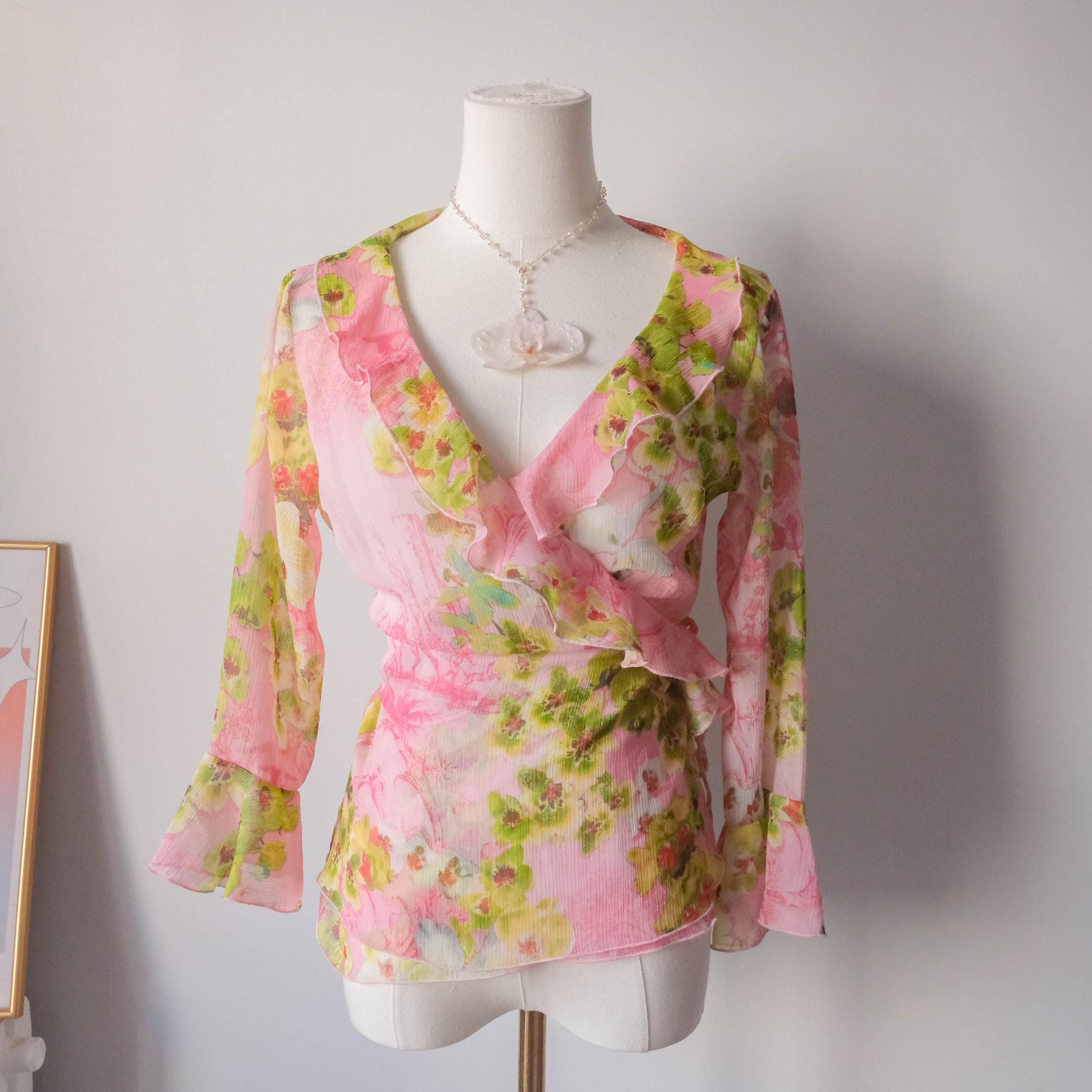 Vintage Y2K Tropical Vibe Wrapped Ruffled Blouse