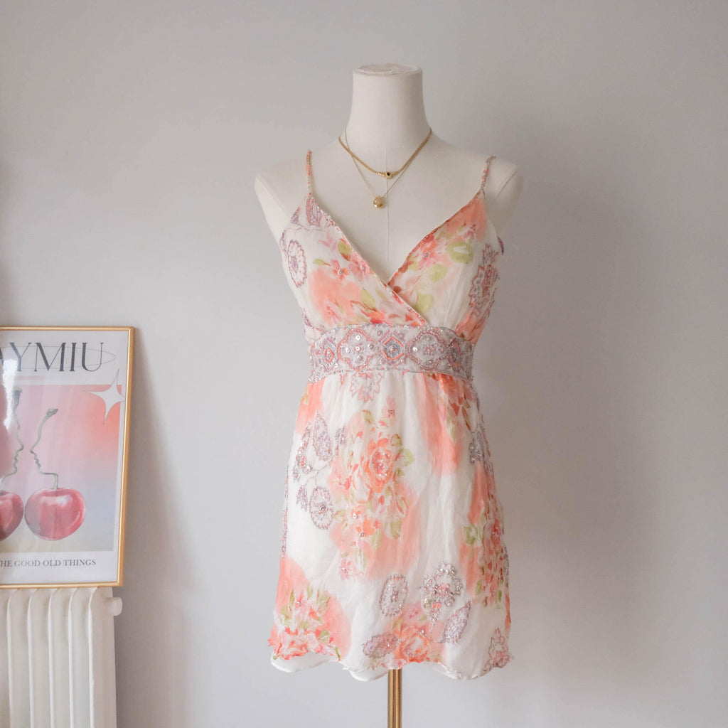 DERHY Vintage French Dreamy Fairy Romantic Beaded Floral Babydoll Cami Top