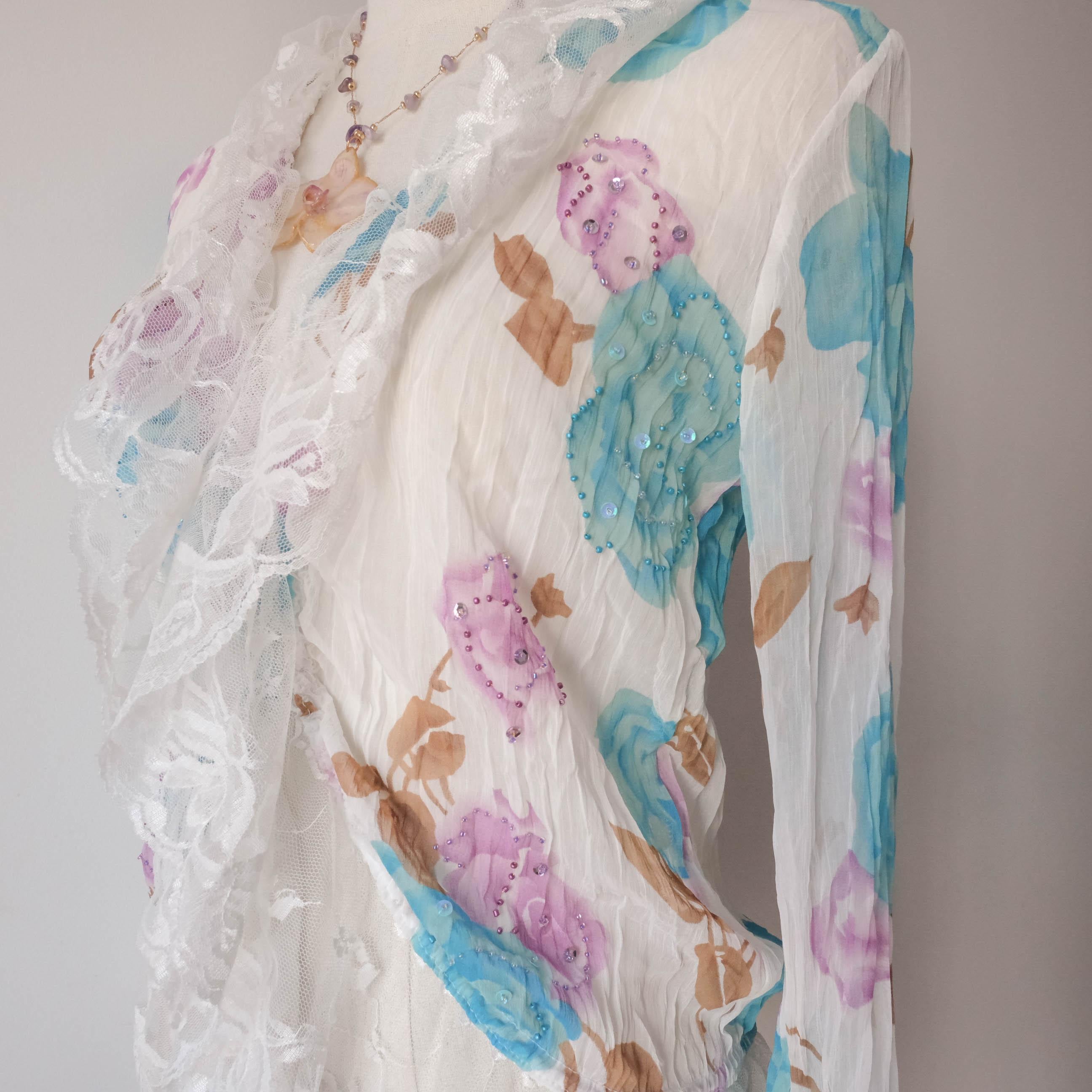 Floral Roses Beaded Sheer Lace Ruffle Blouse