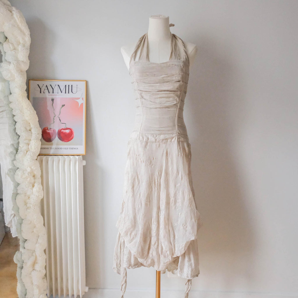 Vintage 90s 00s Retro Boho Fairy Grunge Cottage Silk Halter Dress - Grey