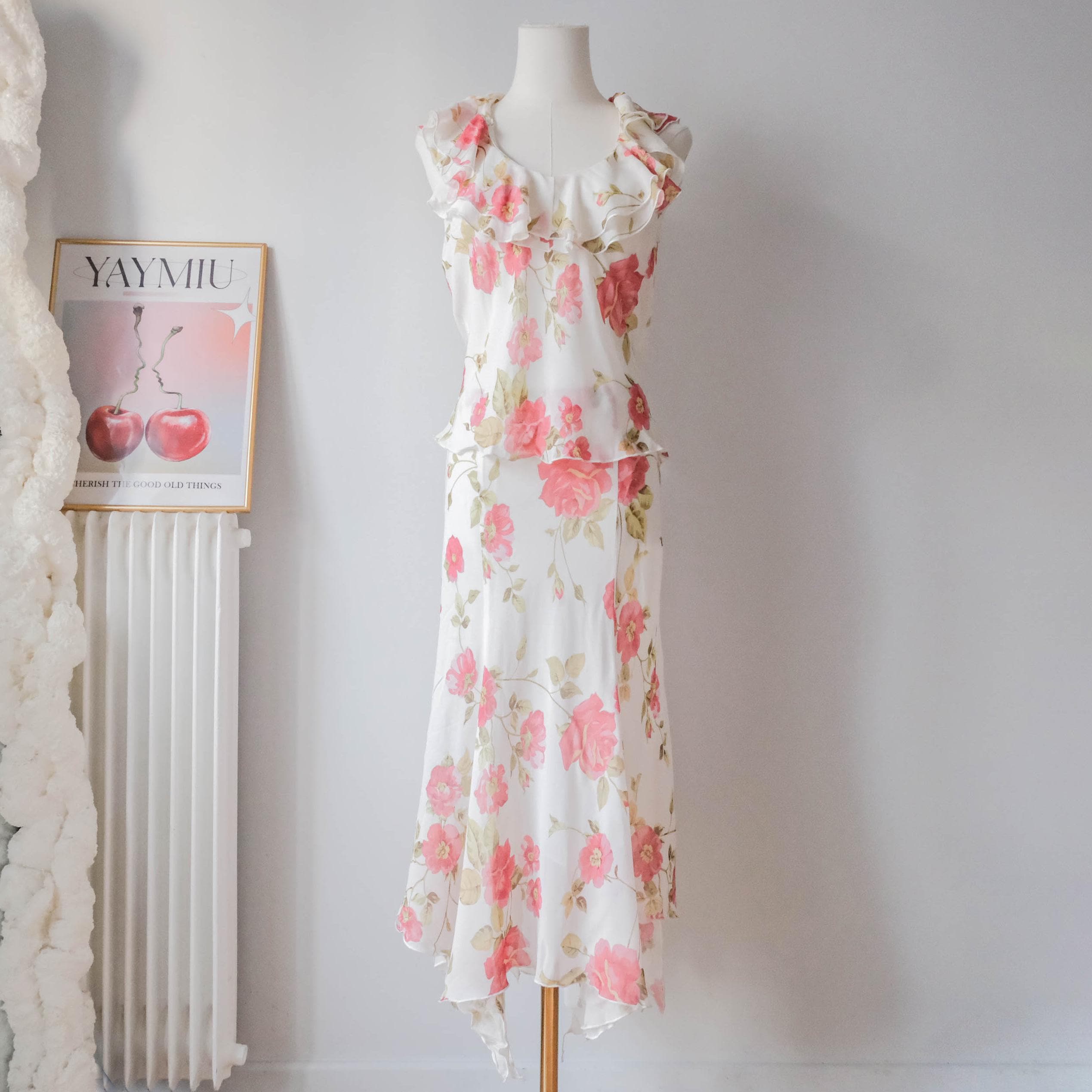 Vintage Italian Romantic Dreamy Ruffle Floral Two Piece Skirt Set
