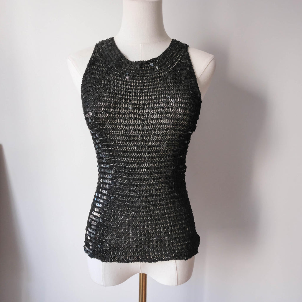 Vintage Rare Beach Ibiza Festival Party Crochet Sequins Tank Top with cut out back