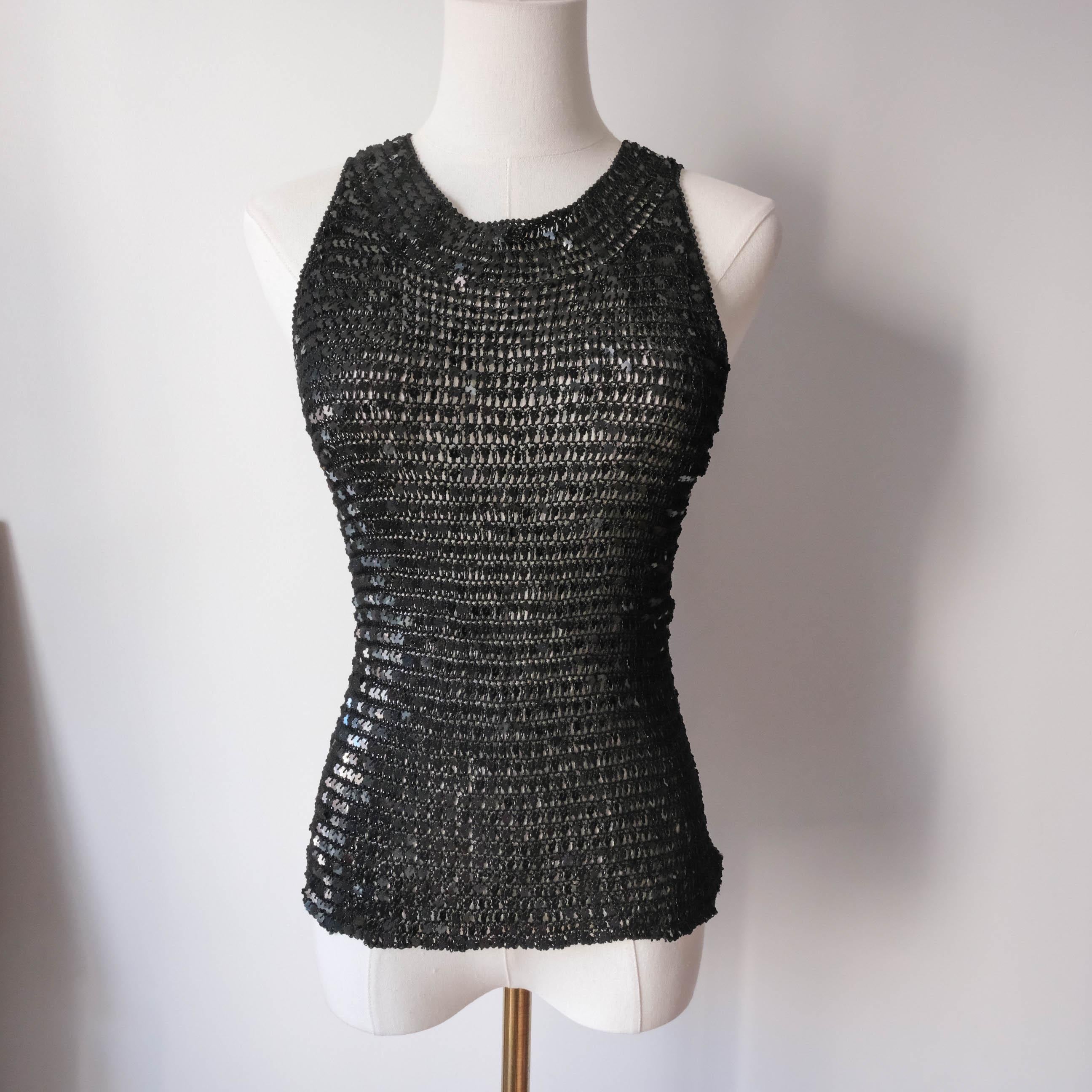 Vintage Rare Beach Ibiza Festival Party Crochet Sequins Tank Top with cut out back