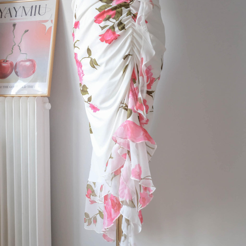 Vintage One-shoulder Rose Dress with Ruffle