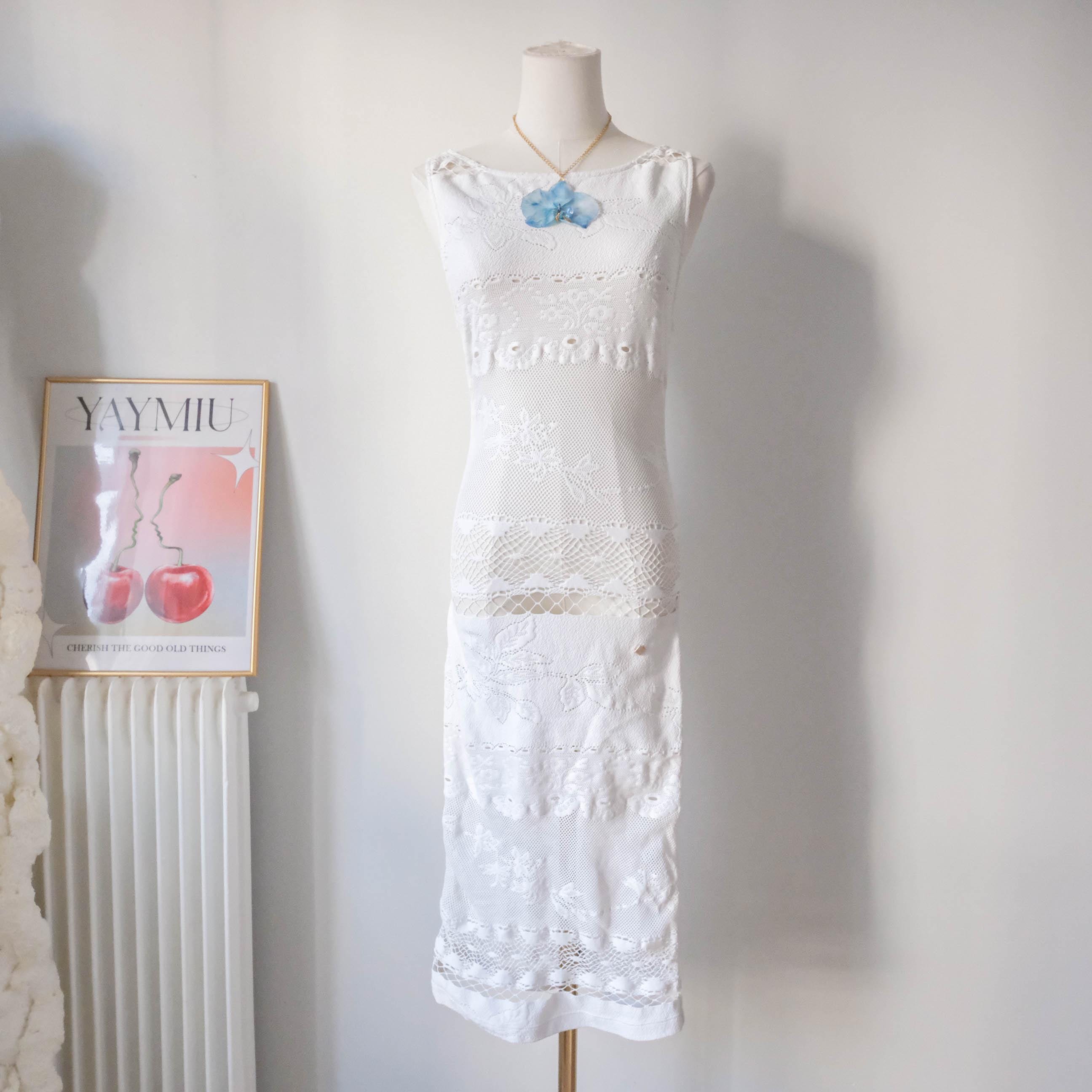 NOLITA Vintage Italian White Stretchy Lace Midi Dress
