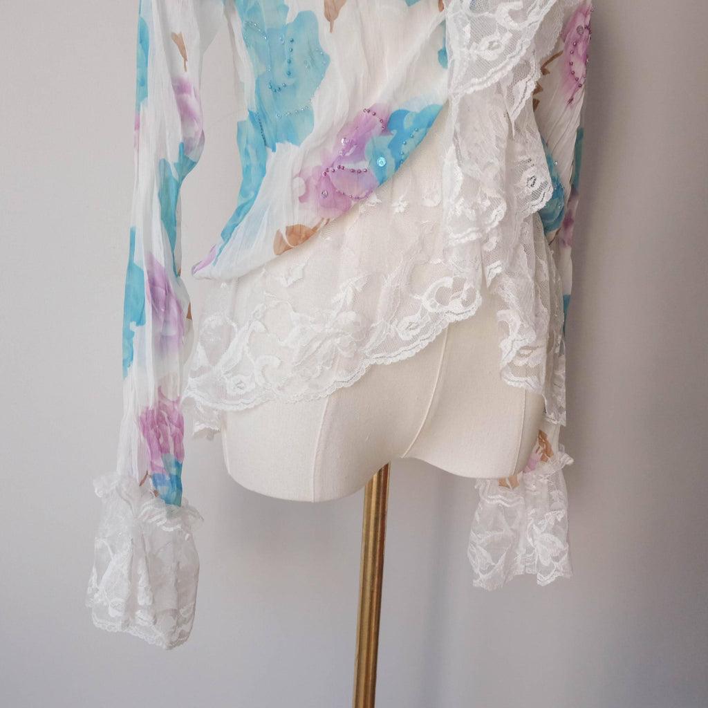 Floral Roses Beaded Sheer Lace Ruffle Blouse
