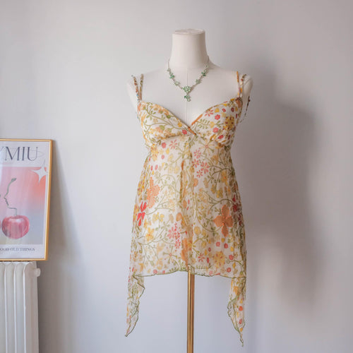 Festival Summer Beach Vintage Sheer Beaded Fairy Floral Cami Top