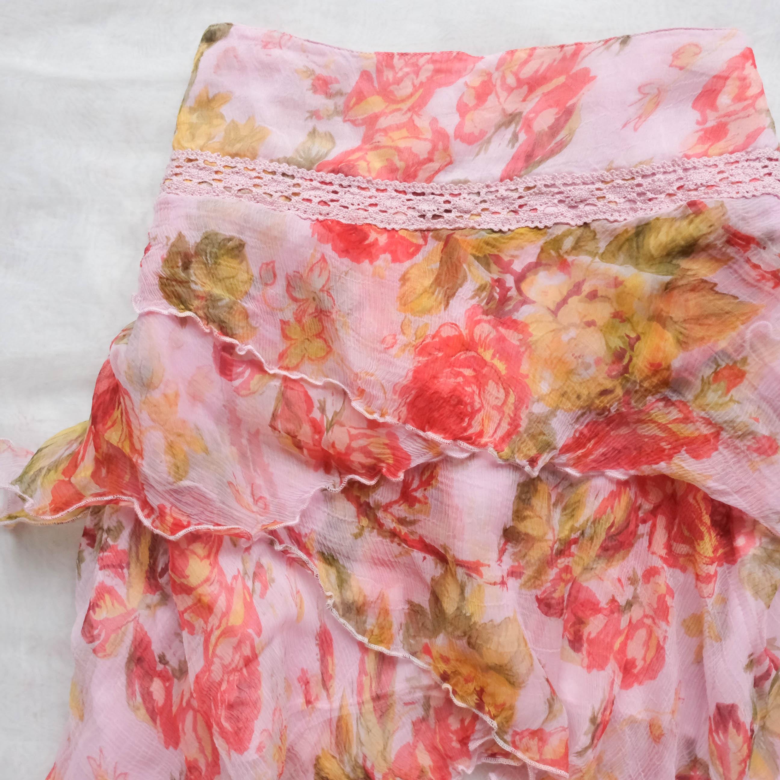 Vintage Italian Chiffon Asymmetrical Floral Mini Skirt
