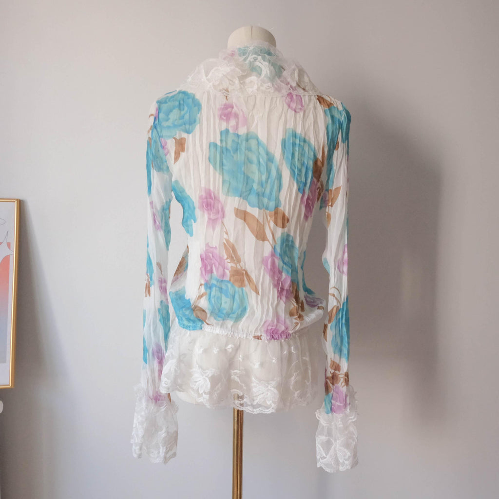 Floral Roses Beaded Sheer Lace Ruffle Blouse