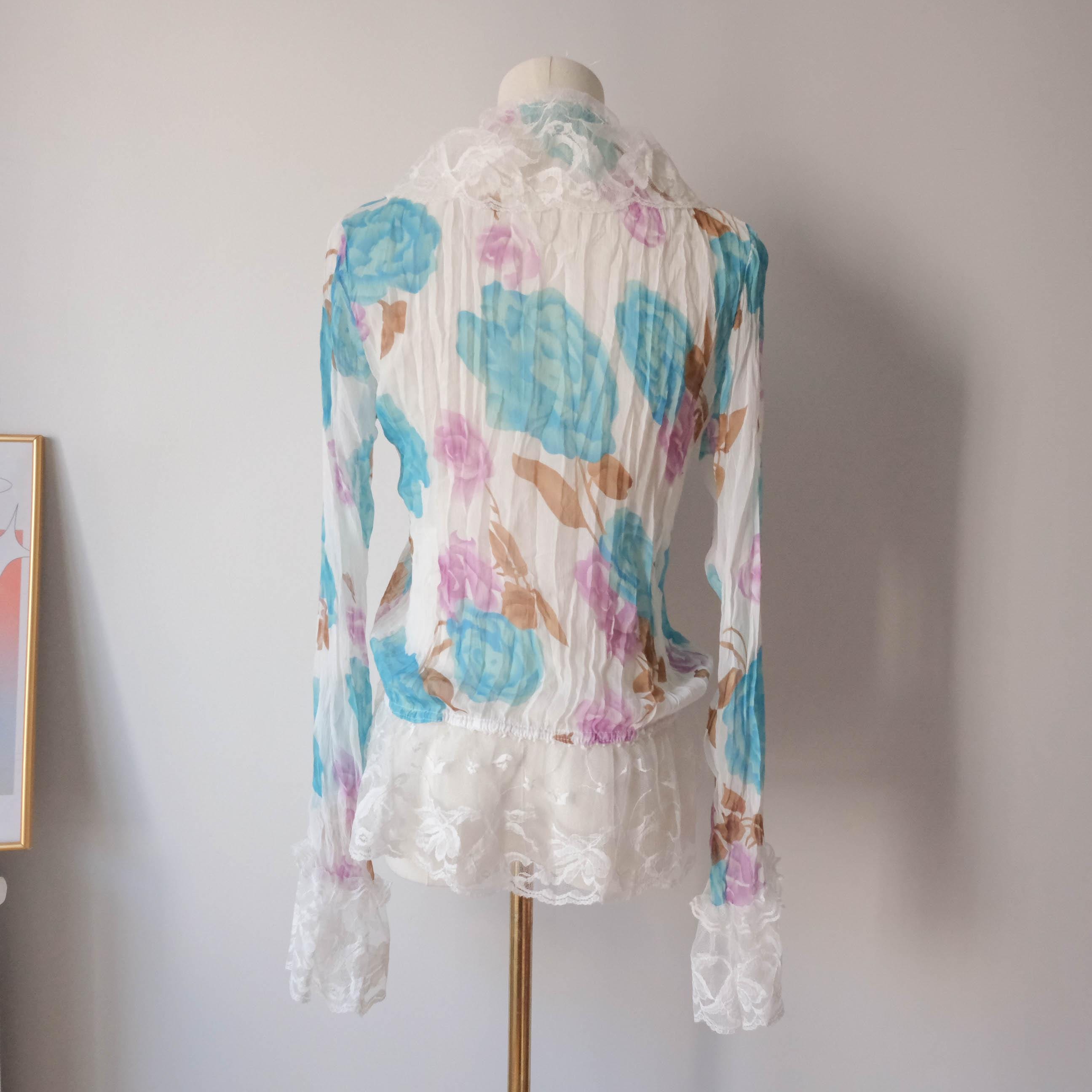 Floral Roses Beaded Sheer Lace Ruffle Blouse