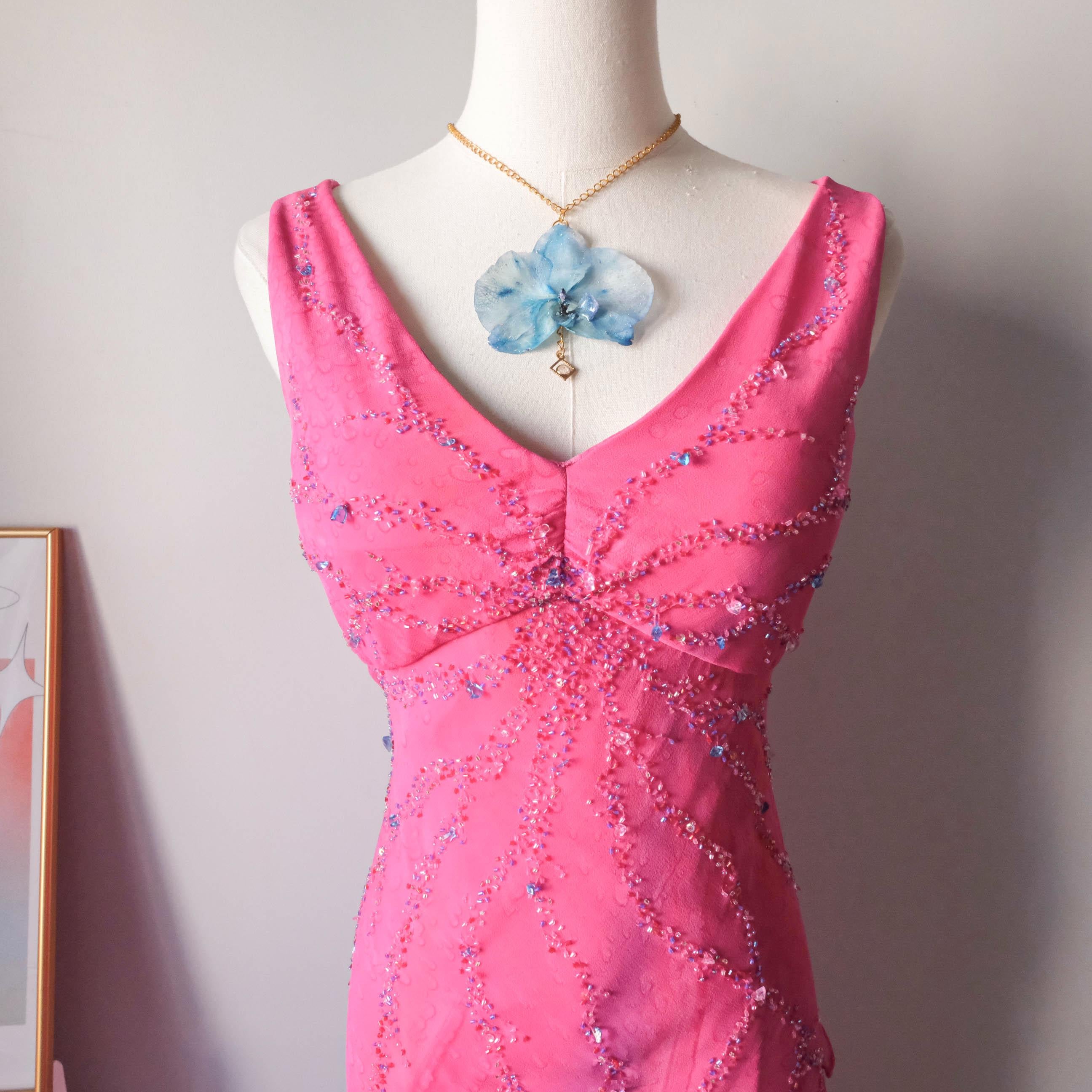 Vintage Beaded Water-Print Ruffle Gown Dress