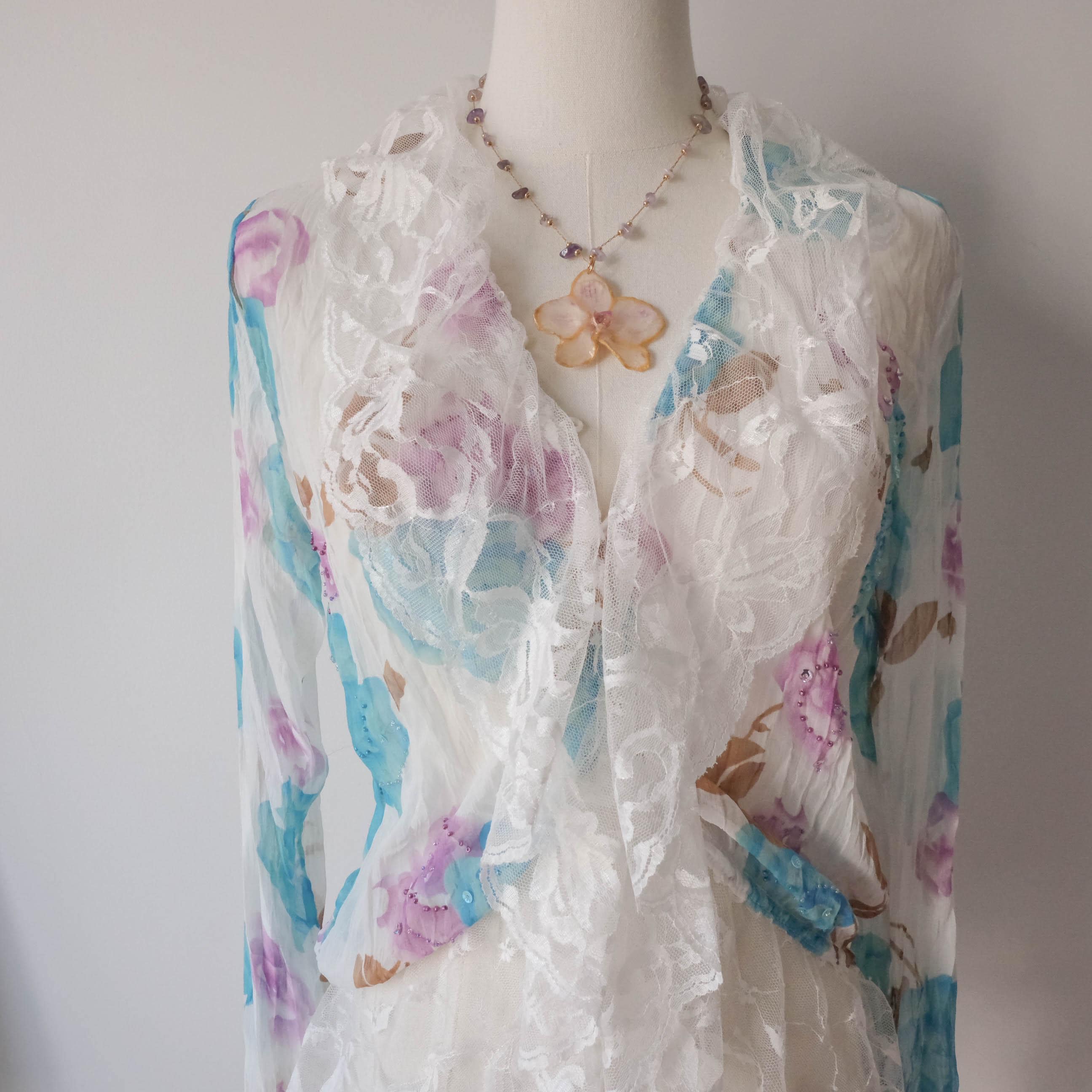 Floral Roses Beaded Sheer Lace Ruffle Blouse