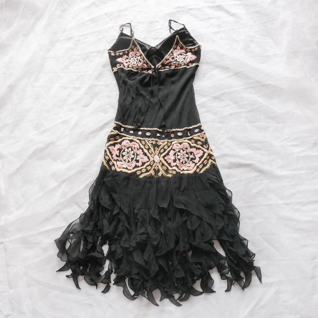 Vintage Black Silk & Seashell Bead Embellished Ruffle Midi Dress Gown