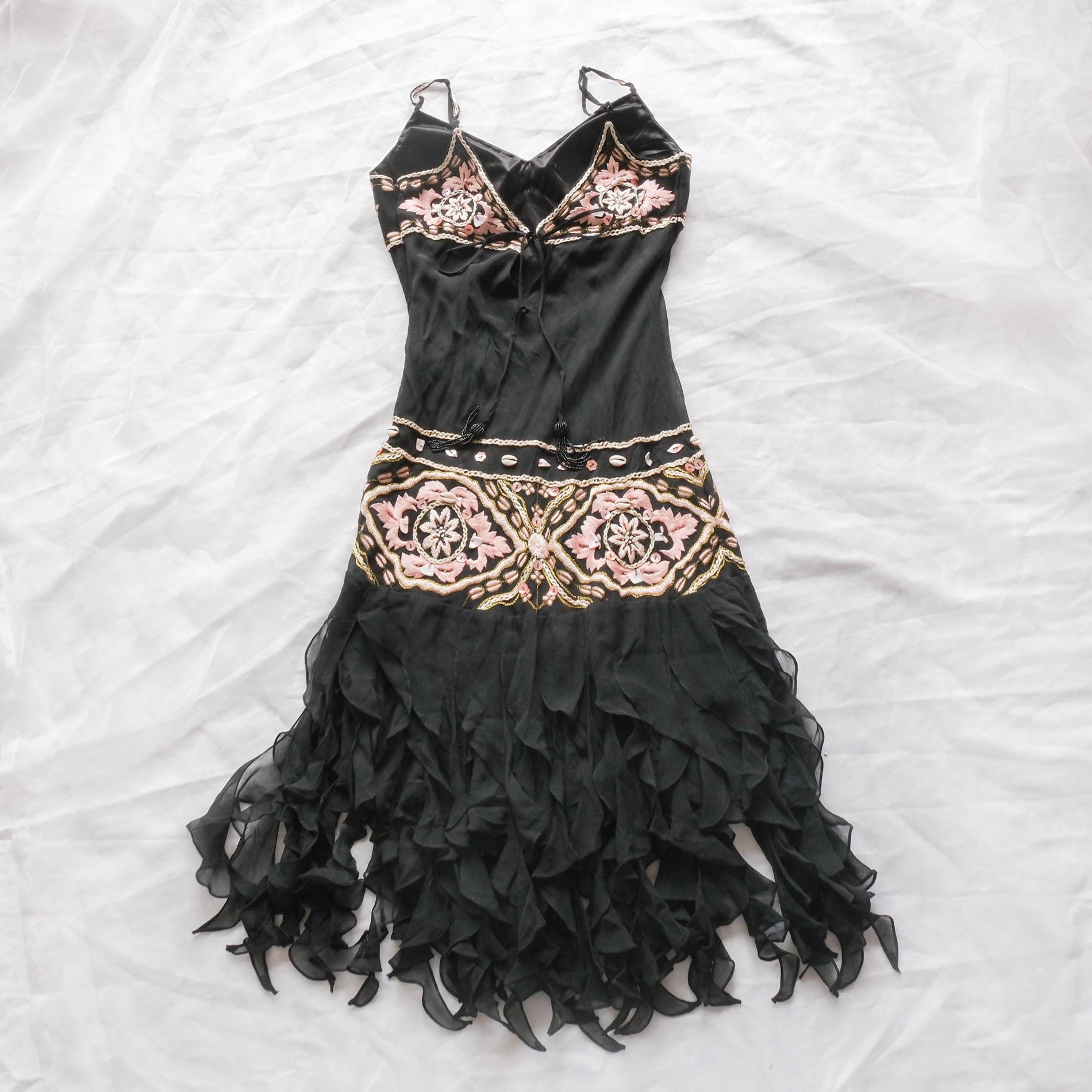 Vintage Black Silk & Seashell Bead Embellished Ruffle Midi Dress Gown