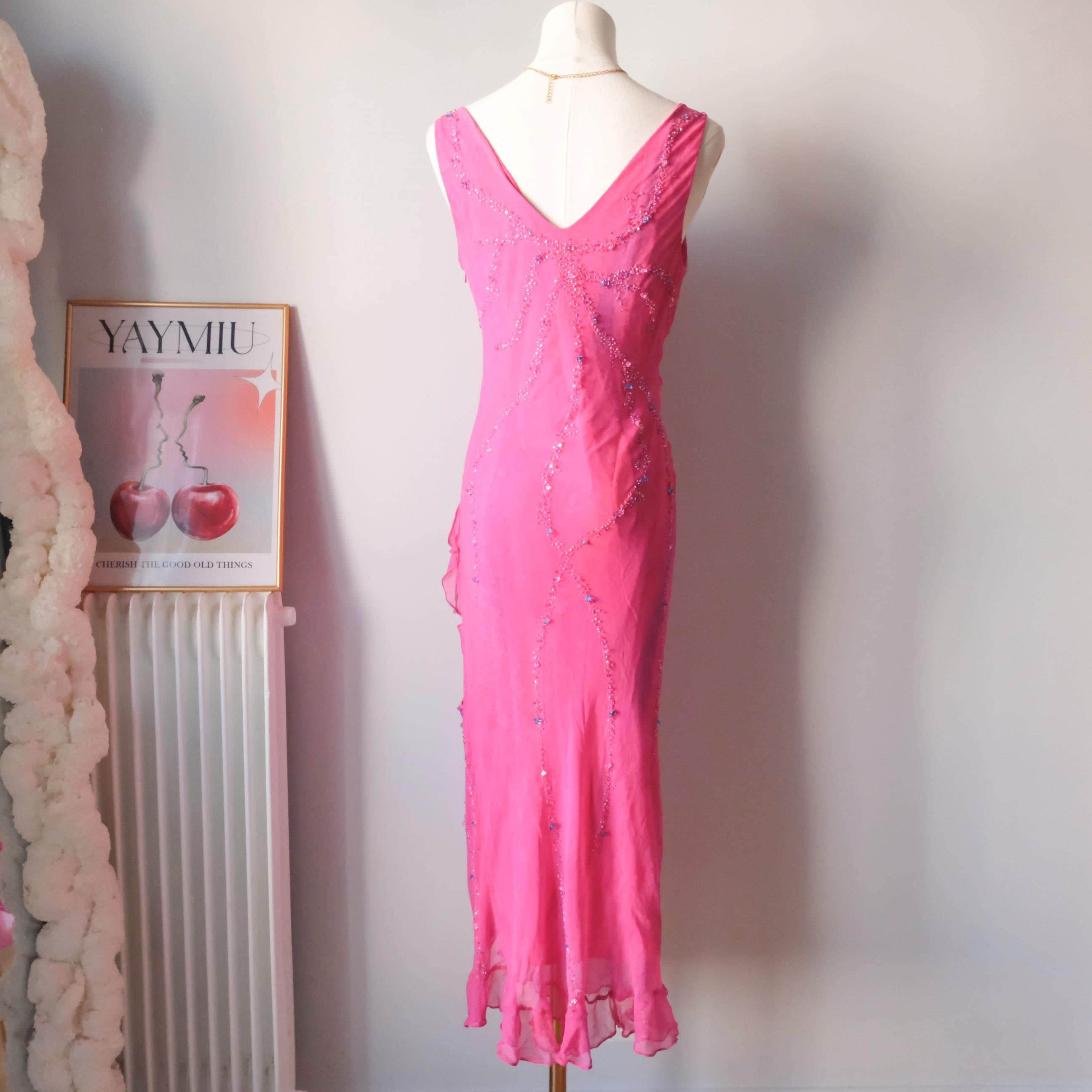 Vintage Beaded Water-Print Ruffle Gown Dress