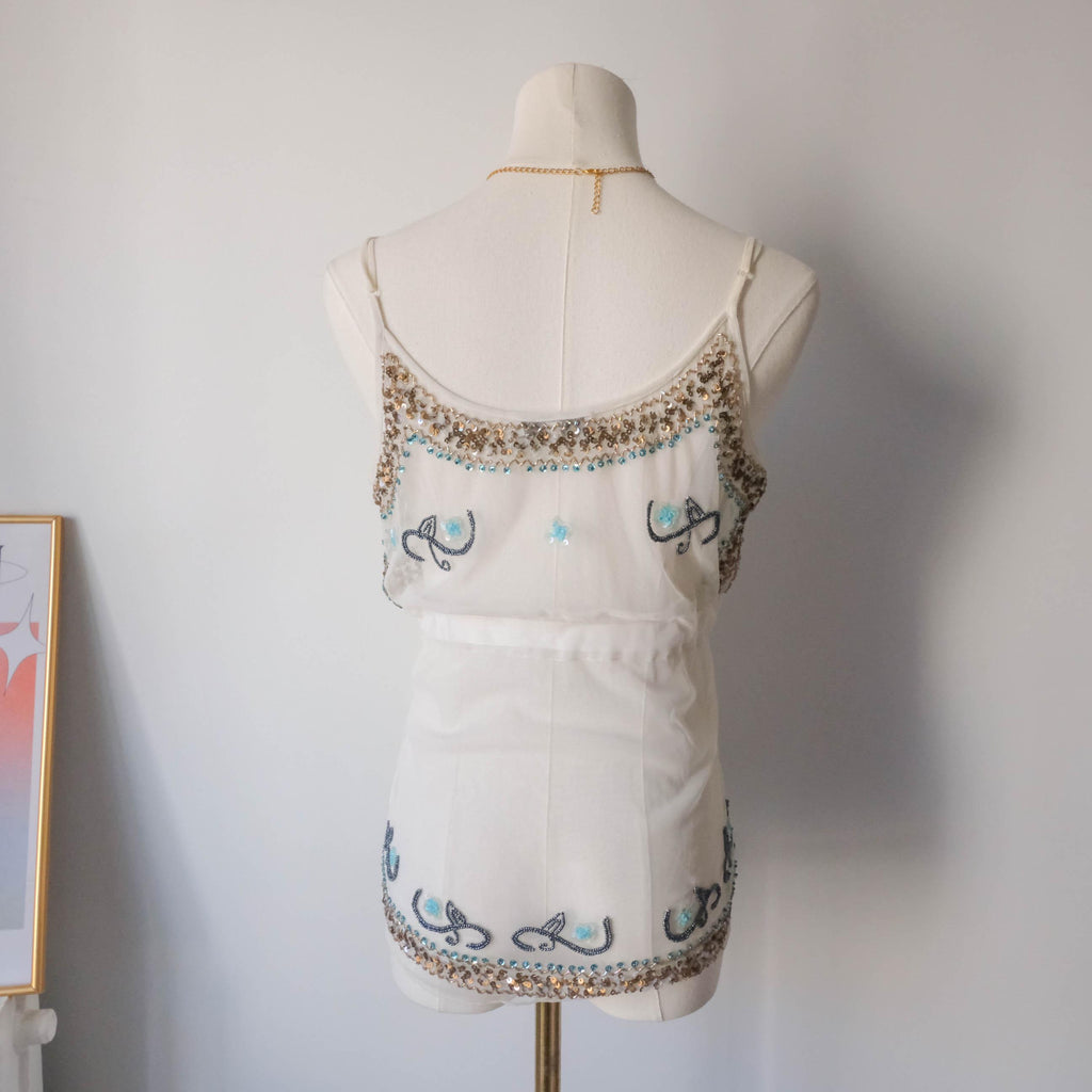 Vintage Y2K Dreamy Fairy Party Festival Rave Beaded Mesh Top