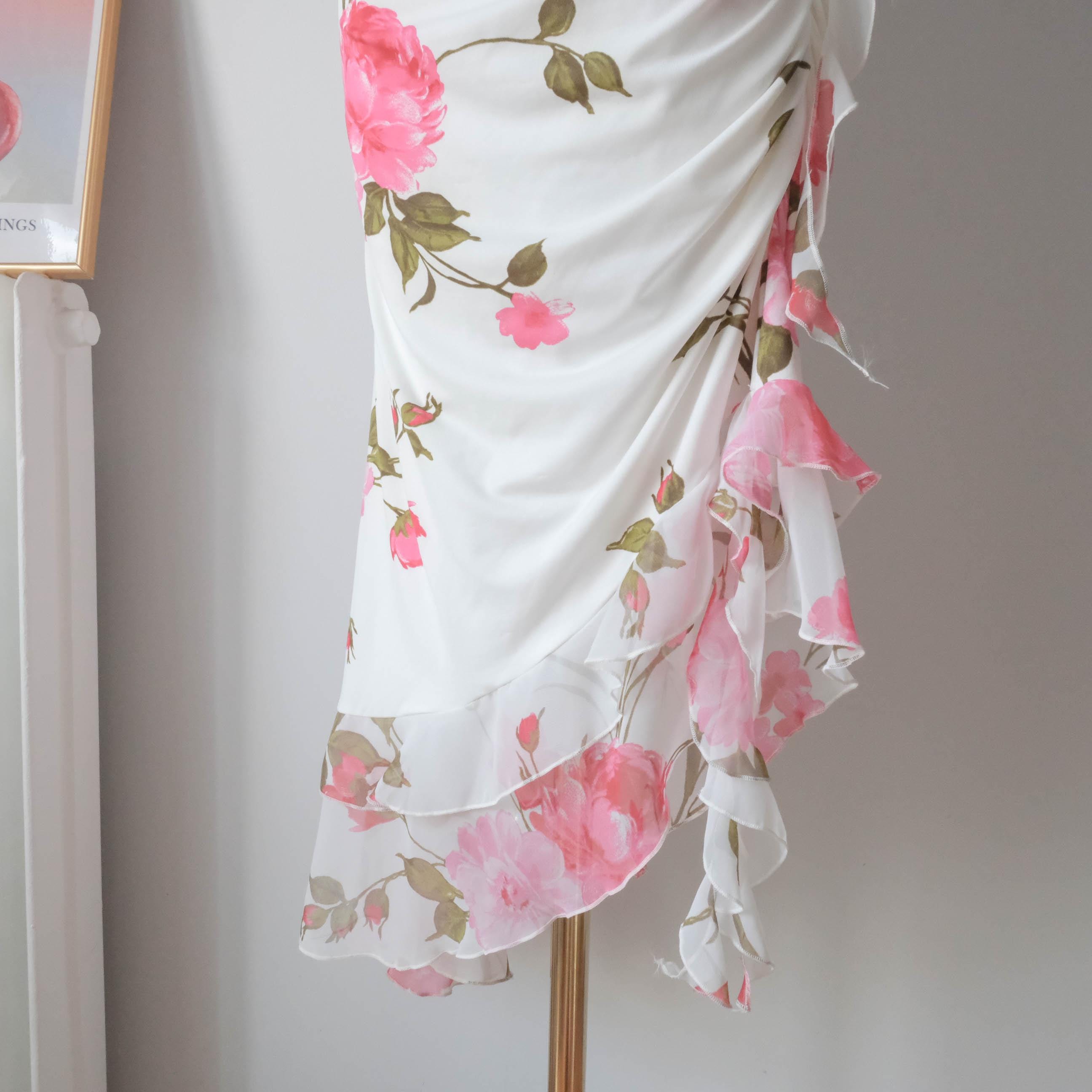 Vintage One-shoulder Rose Dress with Ruffle