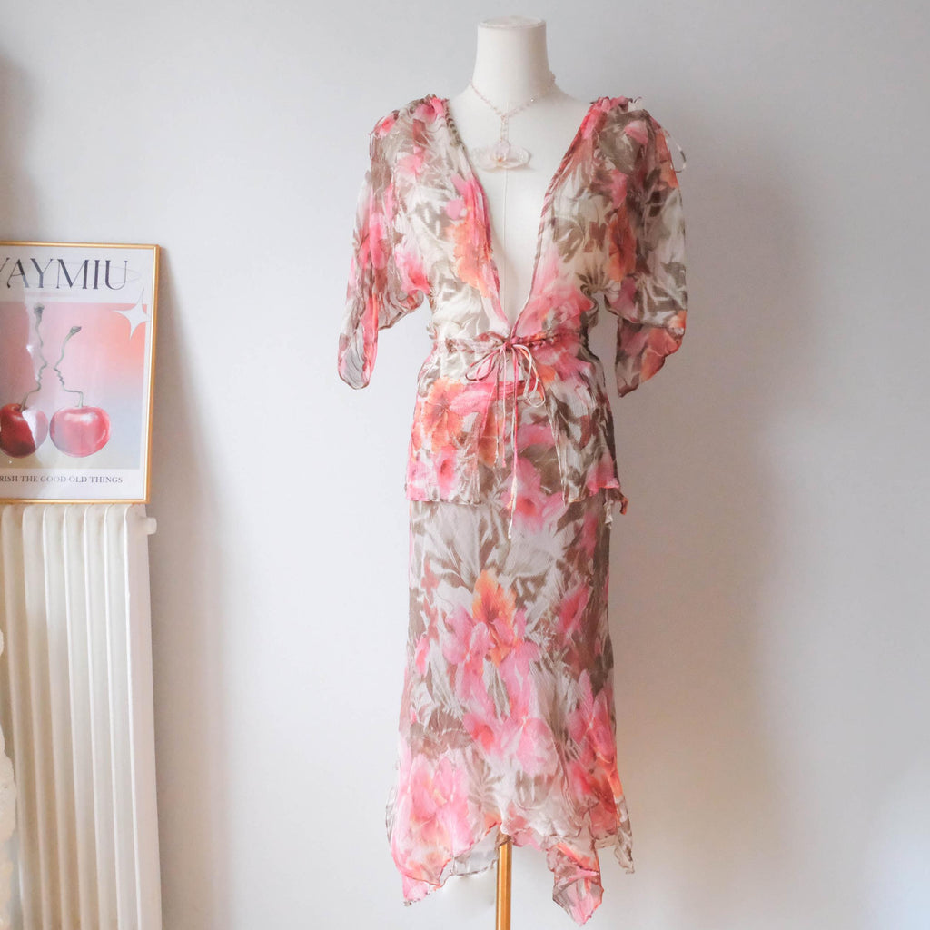 Vintage Floral Hibicus Silk Chiffon Co-ord Skirt Set