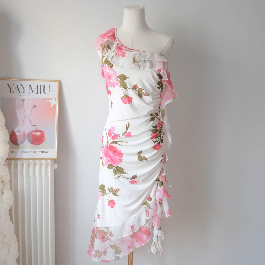 Vintage One-shoulder Rose Dress with Ruffle