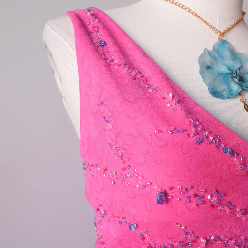 Vintage Beaded Water-Print Ruffle Gown Dress