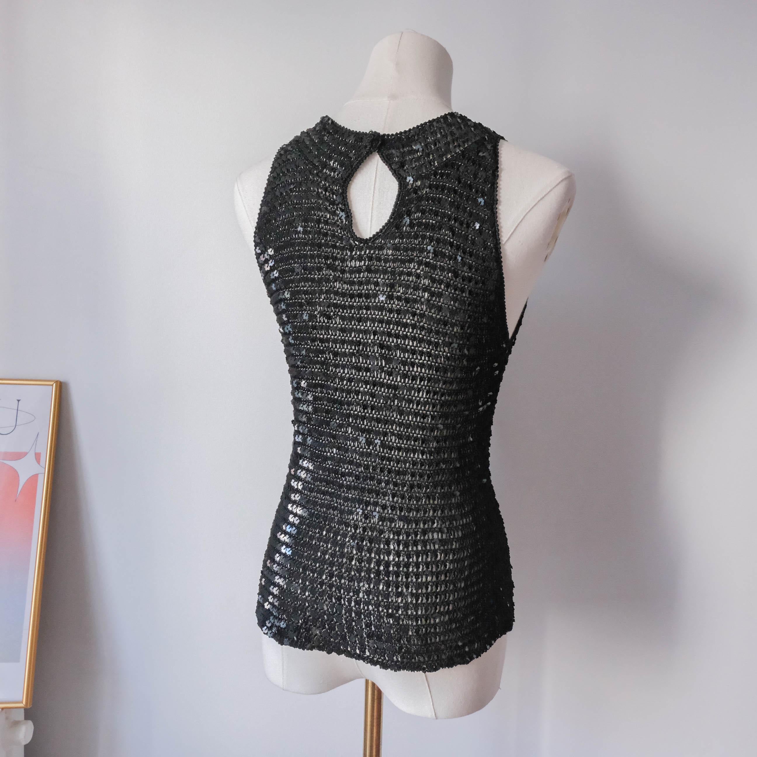 Vintage Rare Beach Ibiza Festival Party Crochet Sequins Tank Top with cut out back