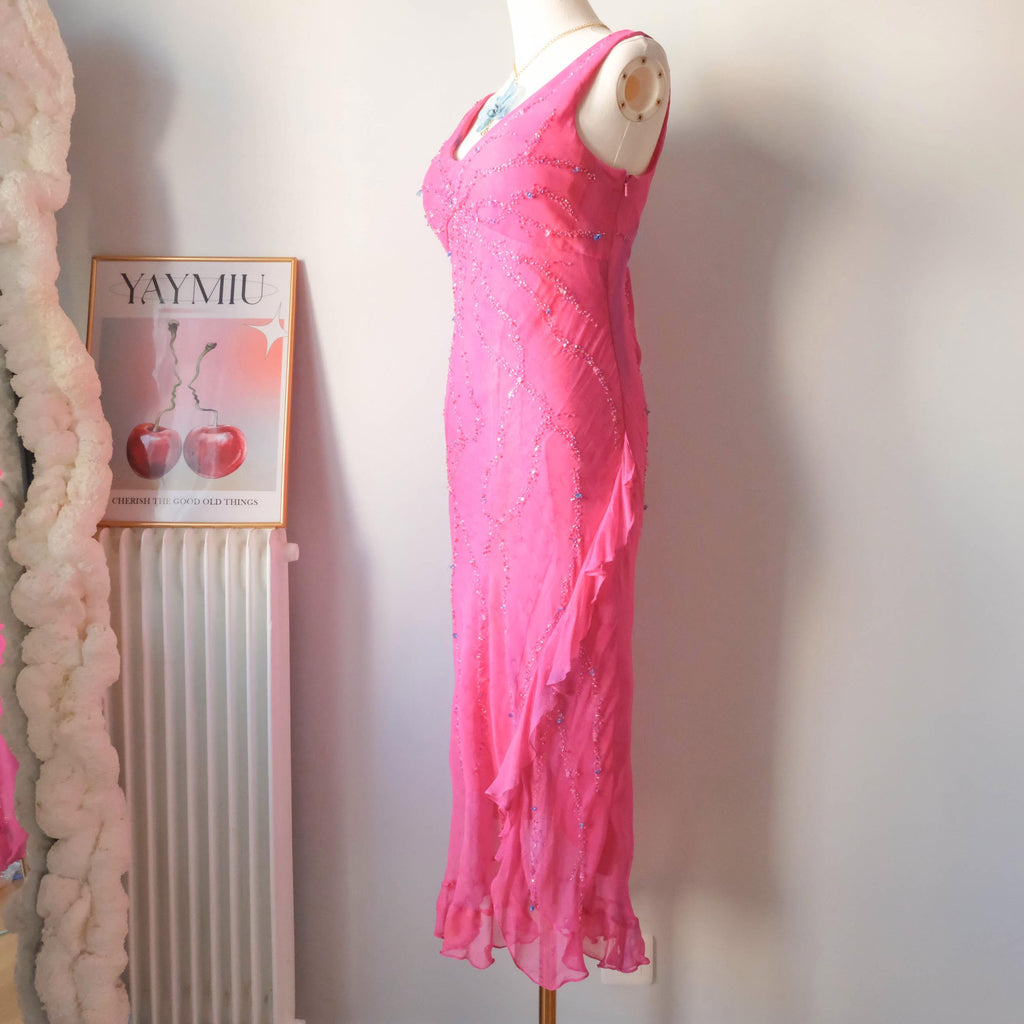 Vintage Beaded Water-Print Ruffle Gown Dress