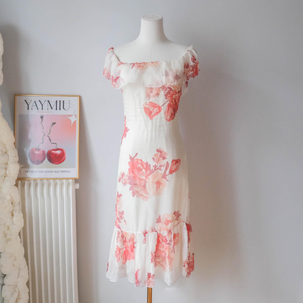 Vintage Cottage Off Shoulder Silk Dress with Ruffle
