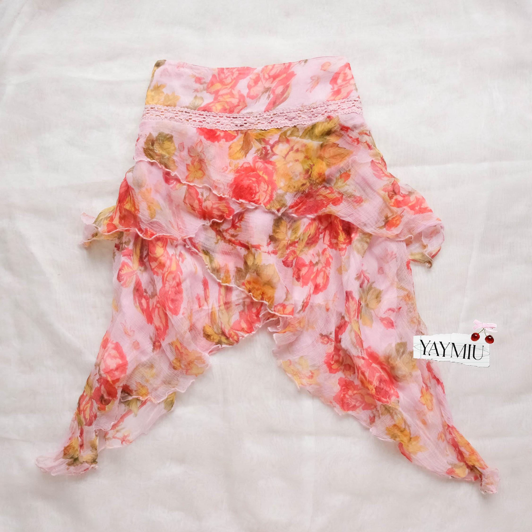 Vintage Italian Chiffon Asymmetrical Floral Mini Skirt