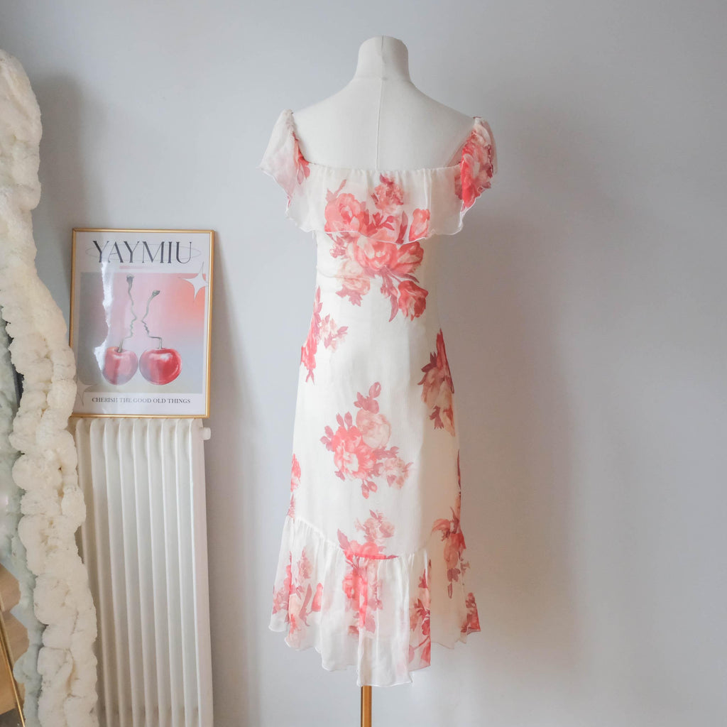 Vintage Cottage Off Shoulder Silk Dress with Ruffle