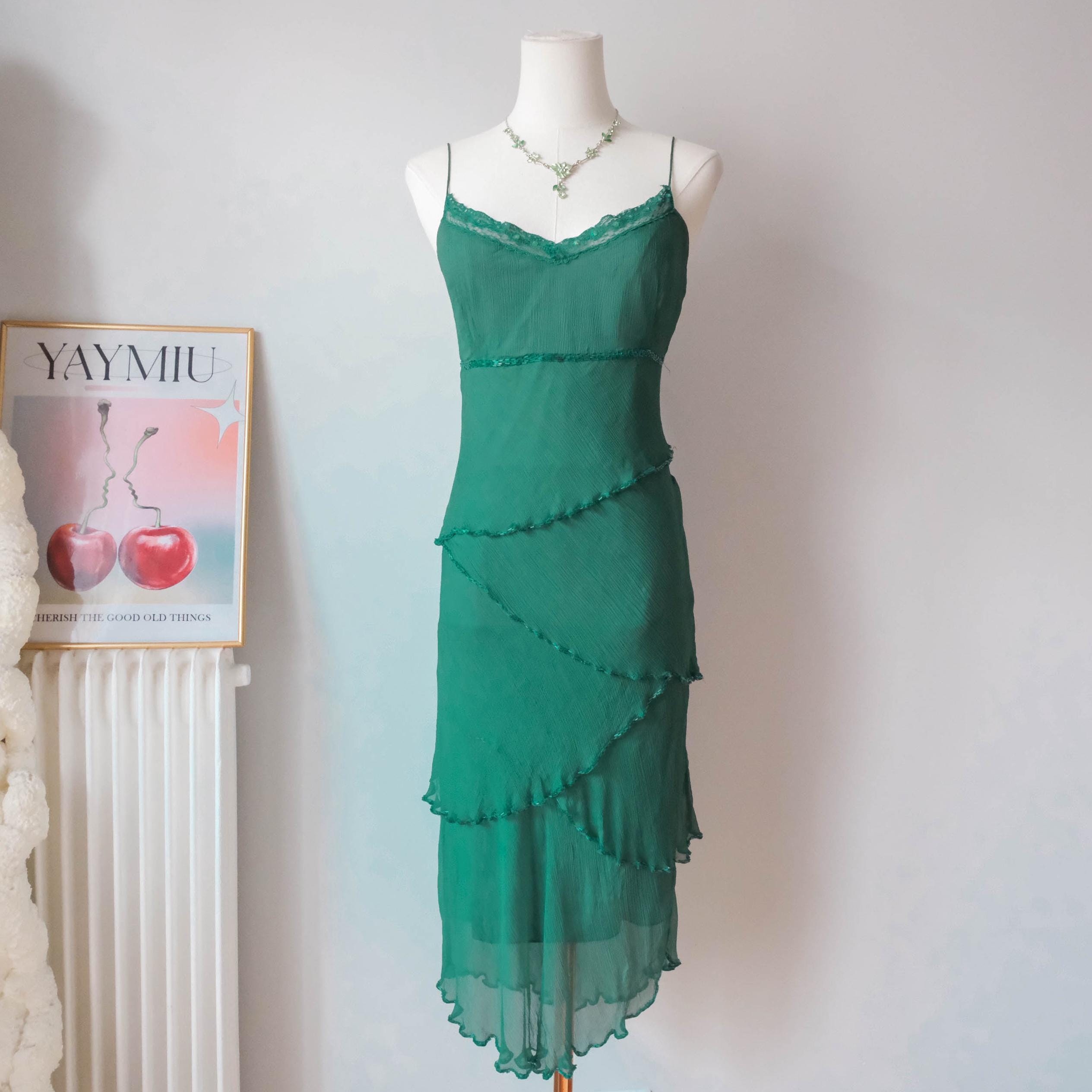 Vintage  Silk Sequin Ruffle Midi Dress - Elegant Chic Effortless